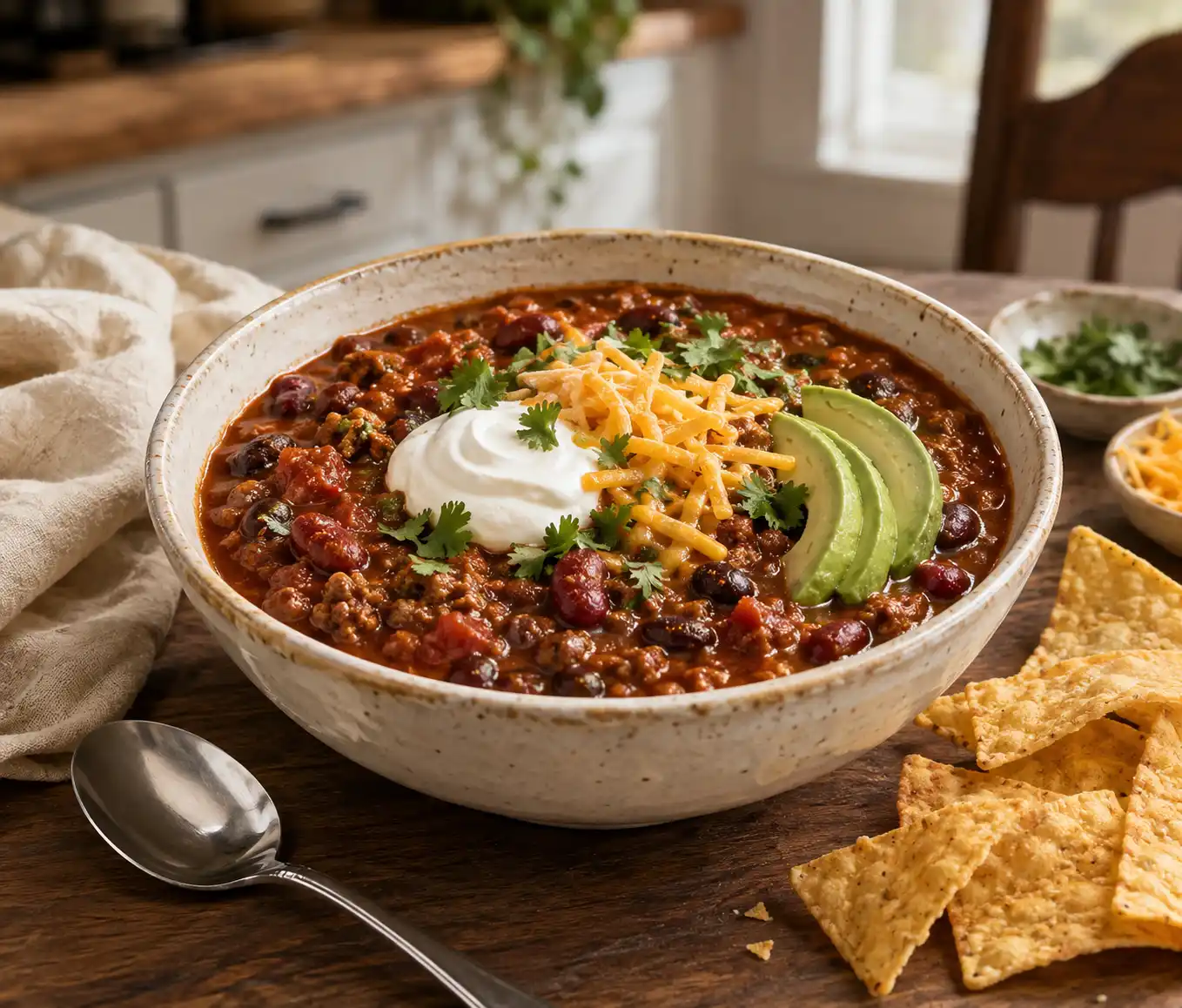 slow cooker chili recipe topped with cheese, sour cream, avocado, and cilantro in a rustic bowl