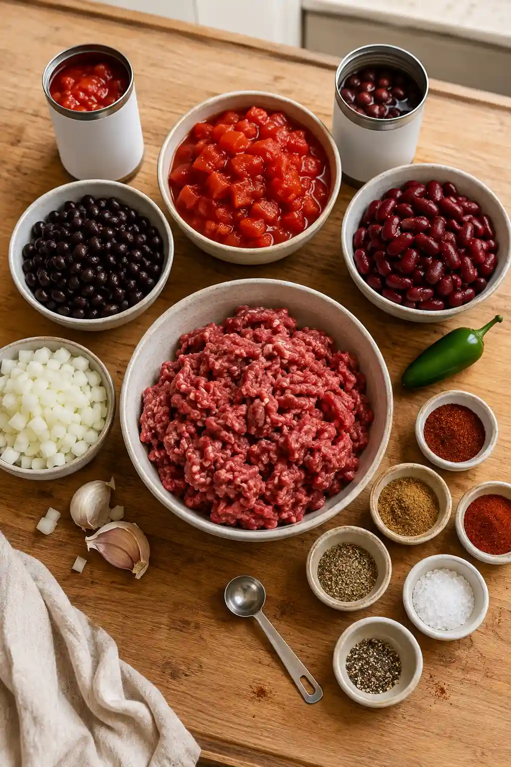 Ingredients for slow cooker chili including ground beef, onion, beans, tomatoes, and chili spices