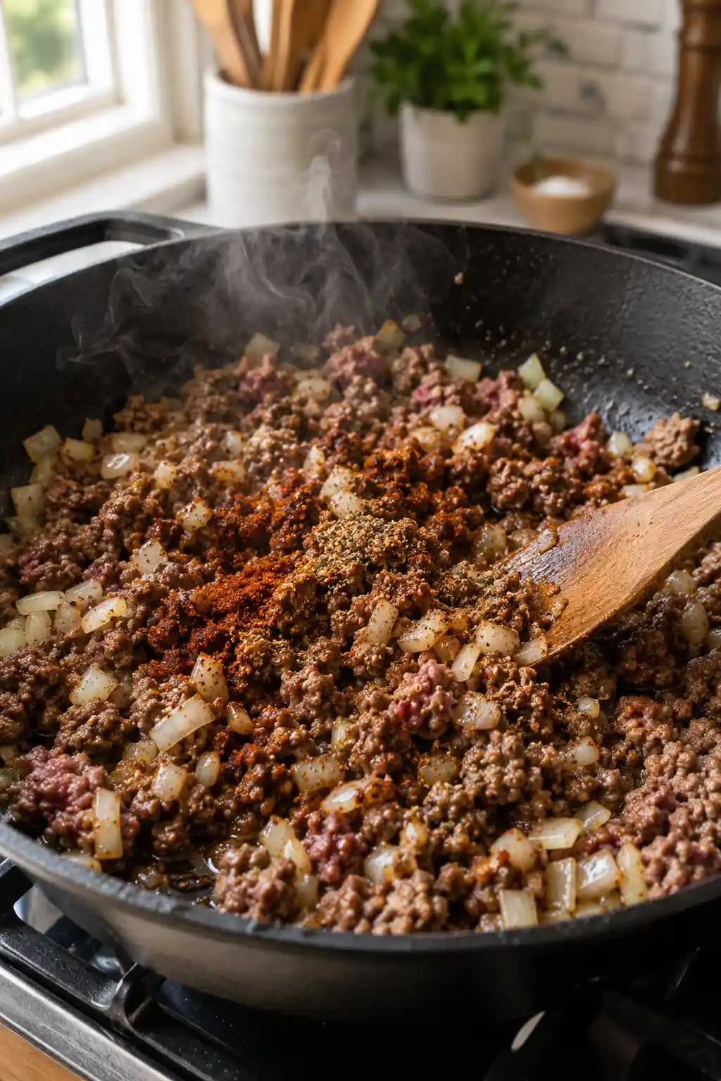 Ground beef and onion browning in a skillet with chili spices for slow cooker chili