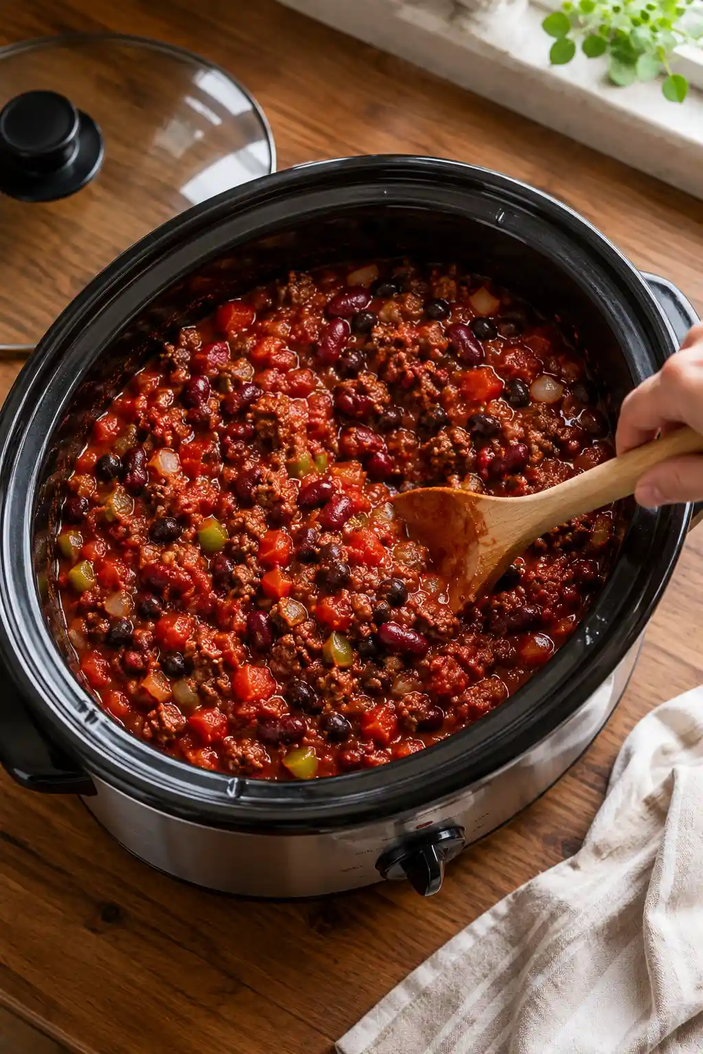 Beef, beans, and tomato sauce being stirred together in a slow cooker for chili