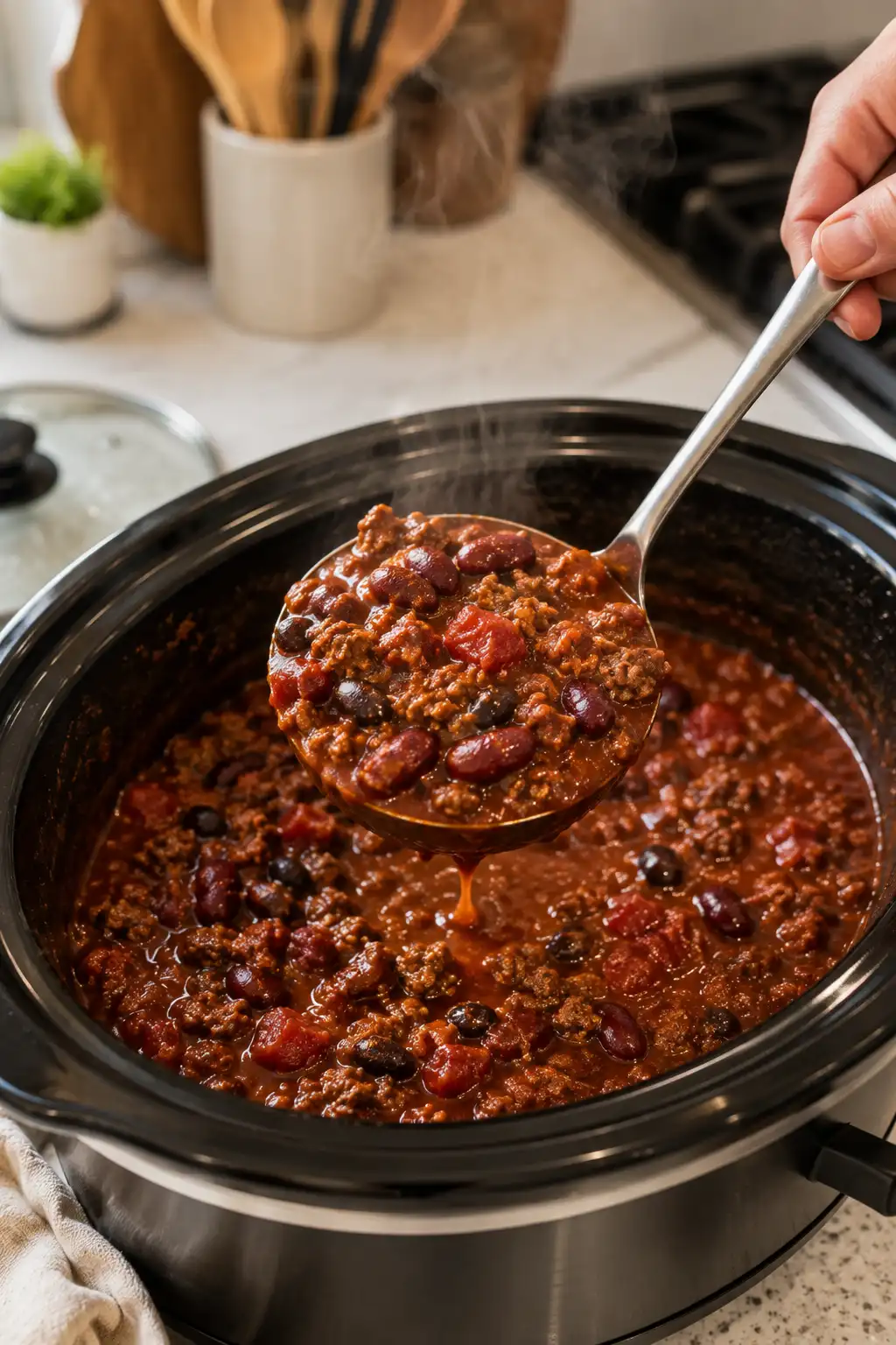 Ladle scooping thick hearty chili out of a slow cooker with steam rising