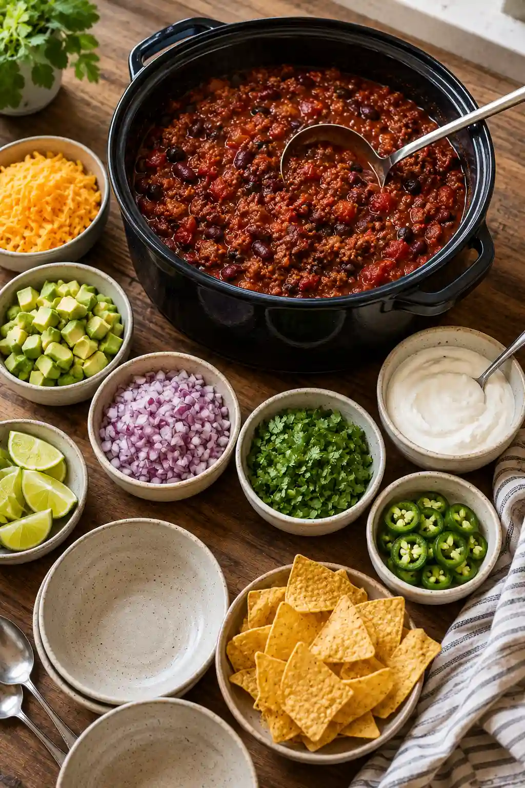 Chili topping bar with shredded cheese, avocado, onion, cilantro, sour cream, and jalapenos