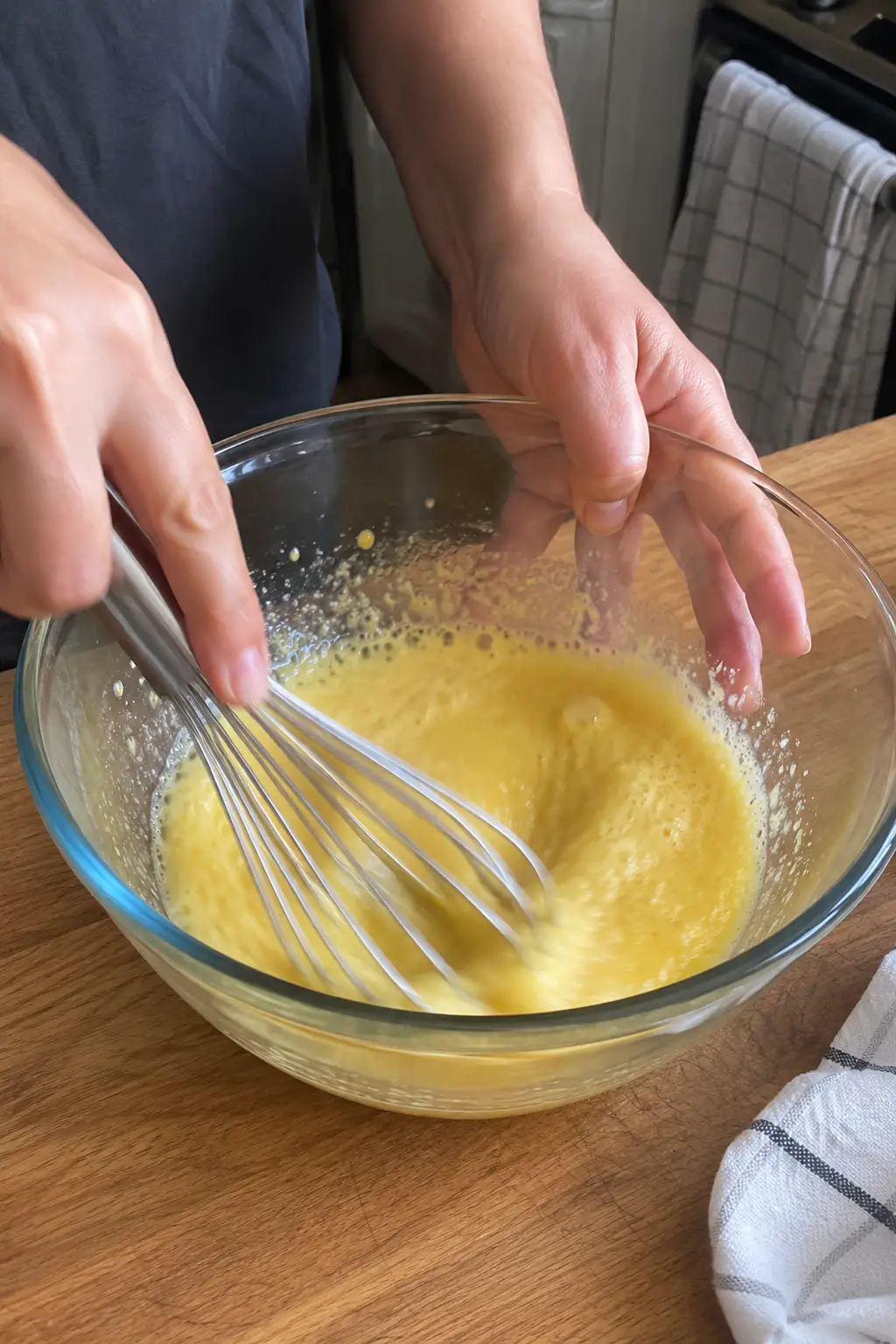 Hands whisking eggs, oil, sugar, and vanilla together in a glass bowl for zucchini bread batter