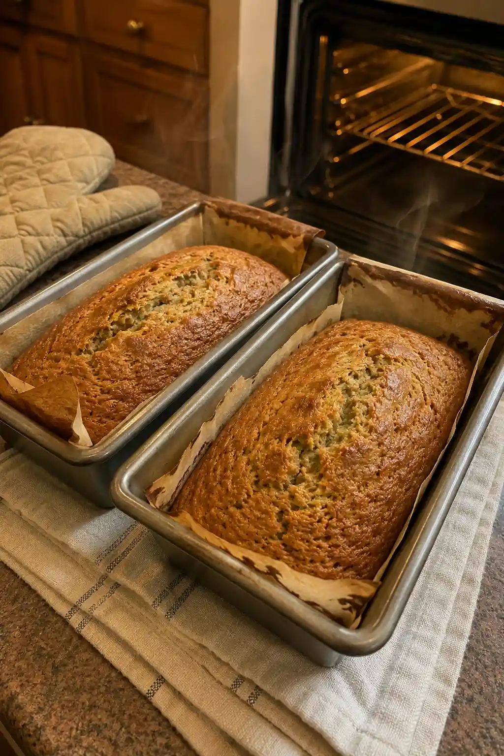 Two zucchini bread loaves fresh out of the oven in metal loaf pans with steam rising