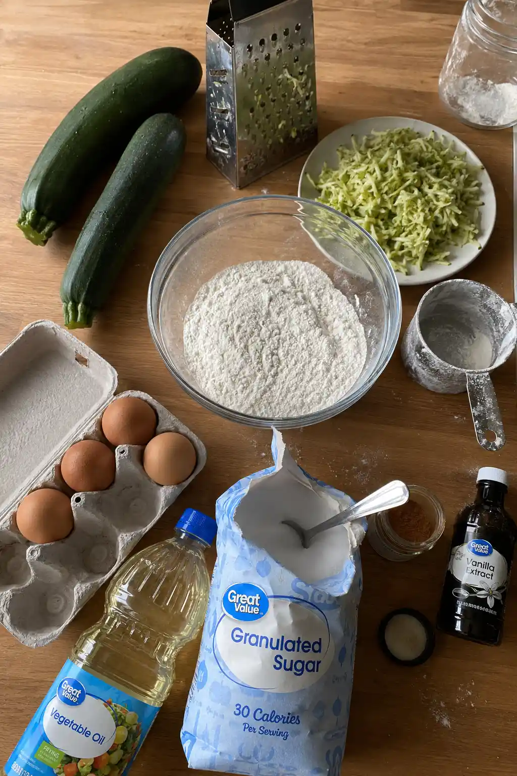 Ordinary kitchen ingredients for zucchini bread including grated zucchini, flour, eggs, oil, and cinnamon
