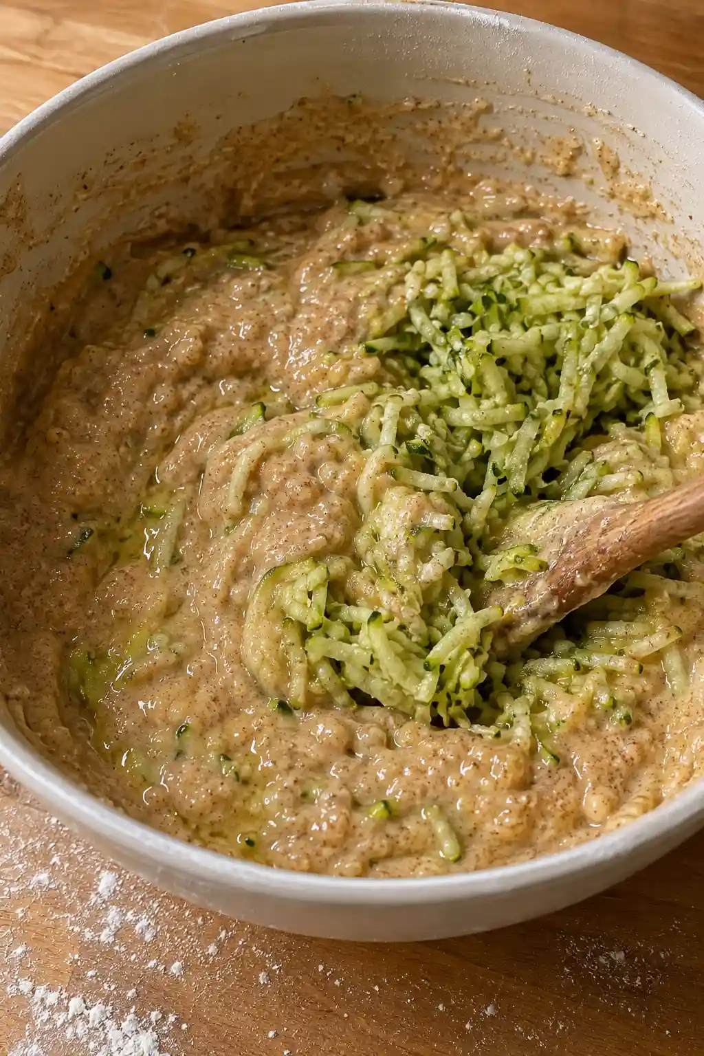 Grated zucchini being folded into thick cinnamon spiced batter with a wooden spoon