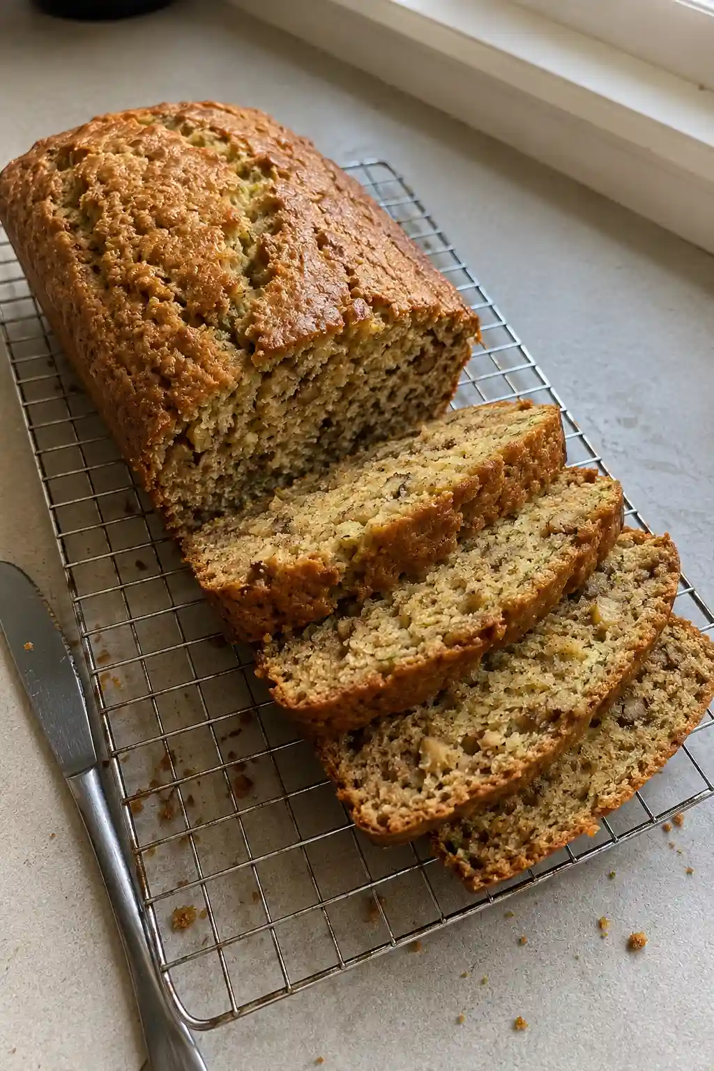 Sliced zucchini bread loaf on a wire cooling rack showing a soft moist texture