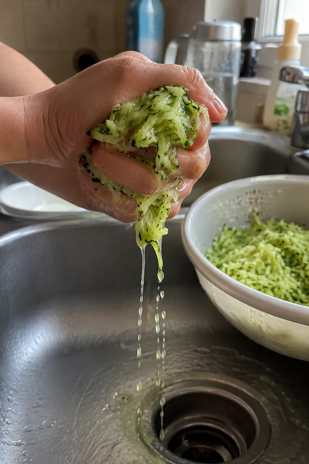 Hands squeezing excess water out of grated zucchini over a sink
