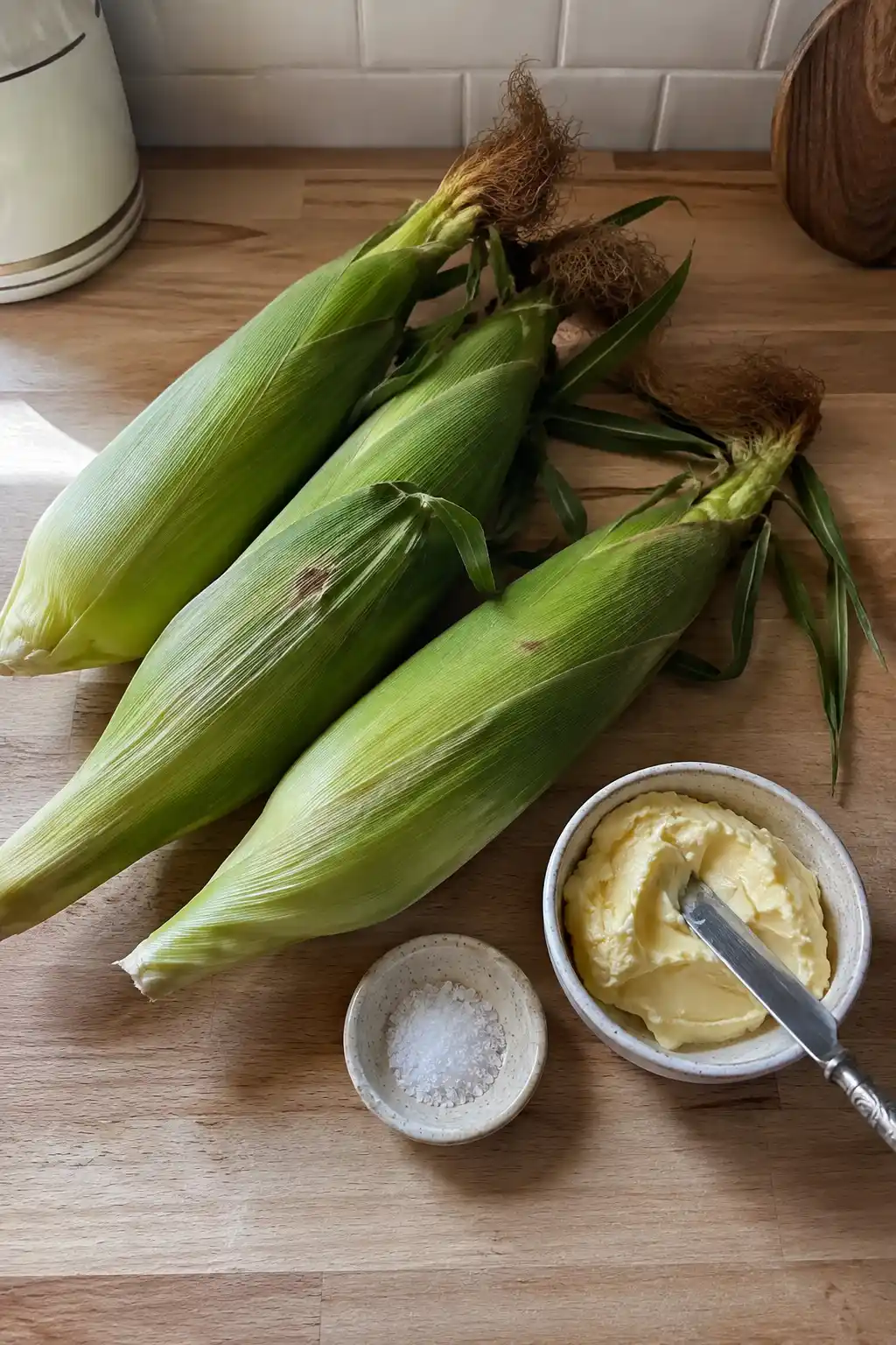 Fresh corn on the cob in green husks next to butter and salt on a kitchen counter