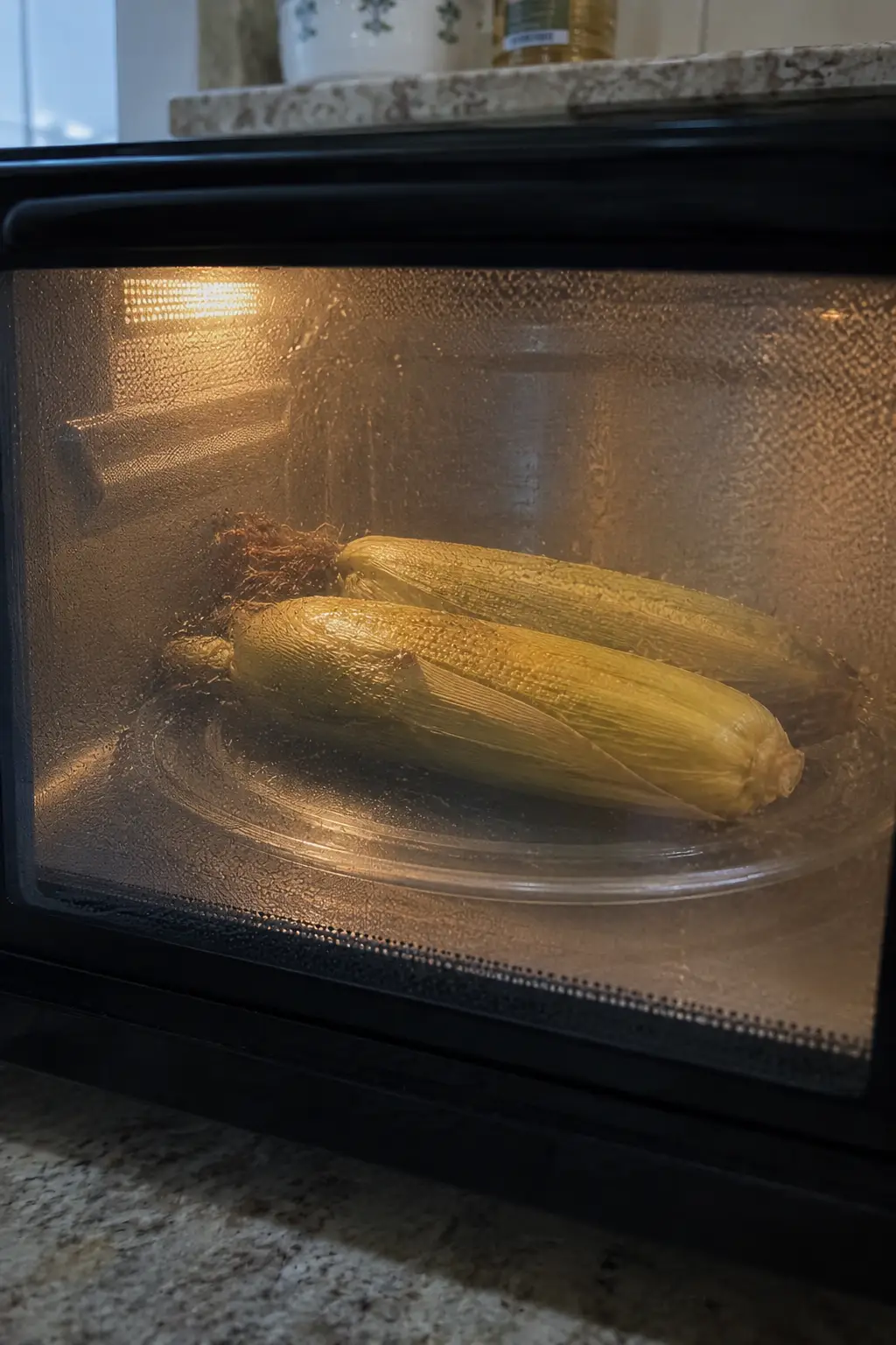 Ears of corn with husks on cooking inside a microwave