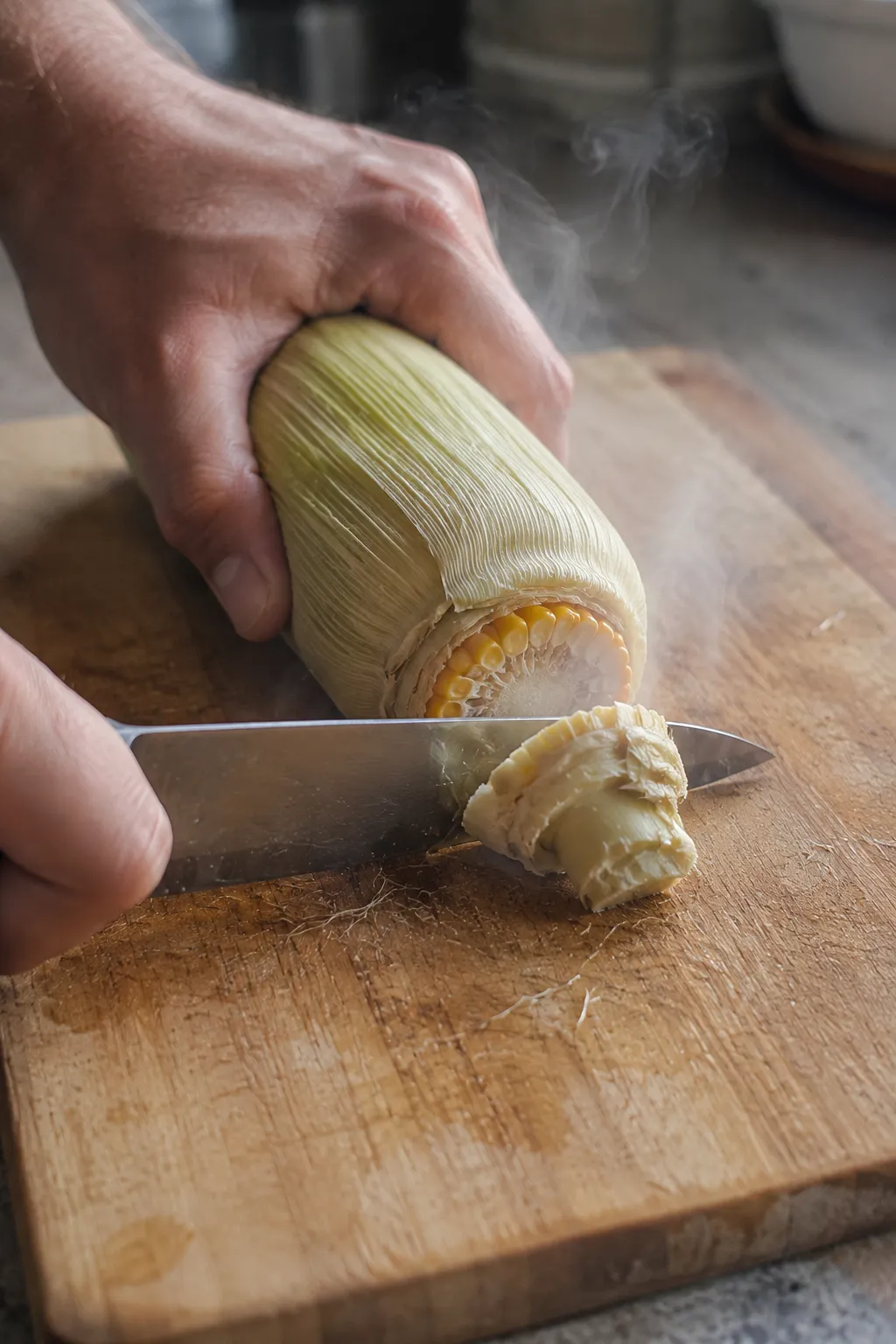 Sharp knife slicing off the stem end of cooked corn on a cutting board