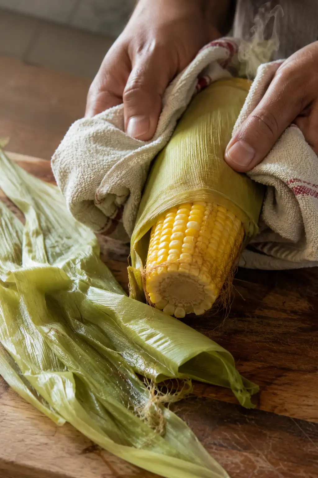 Hands using a kitchen towel to push a cooked corn cob out of its husk
