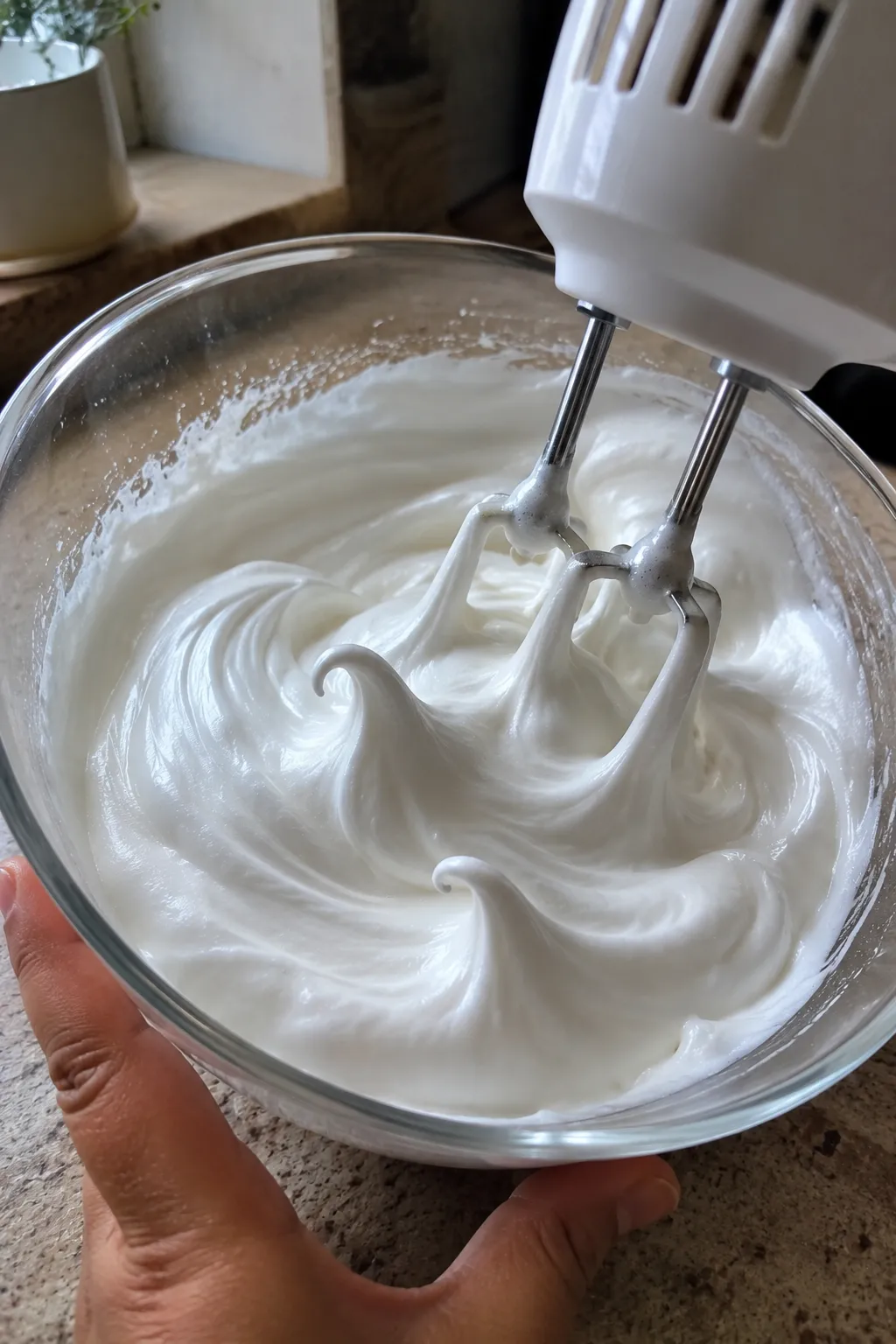 Electric hand mixer whipping egg whites into glossy soft peaks in a glass bowl