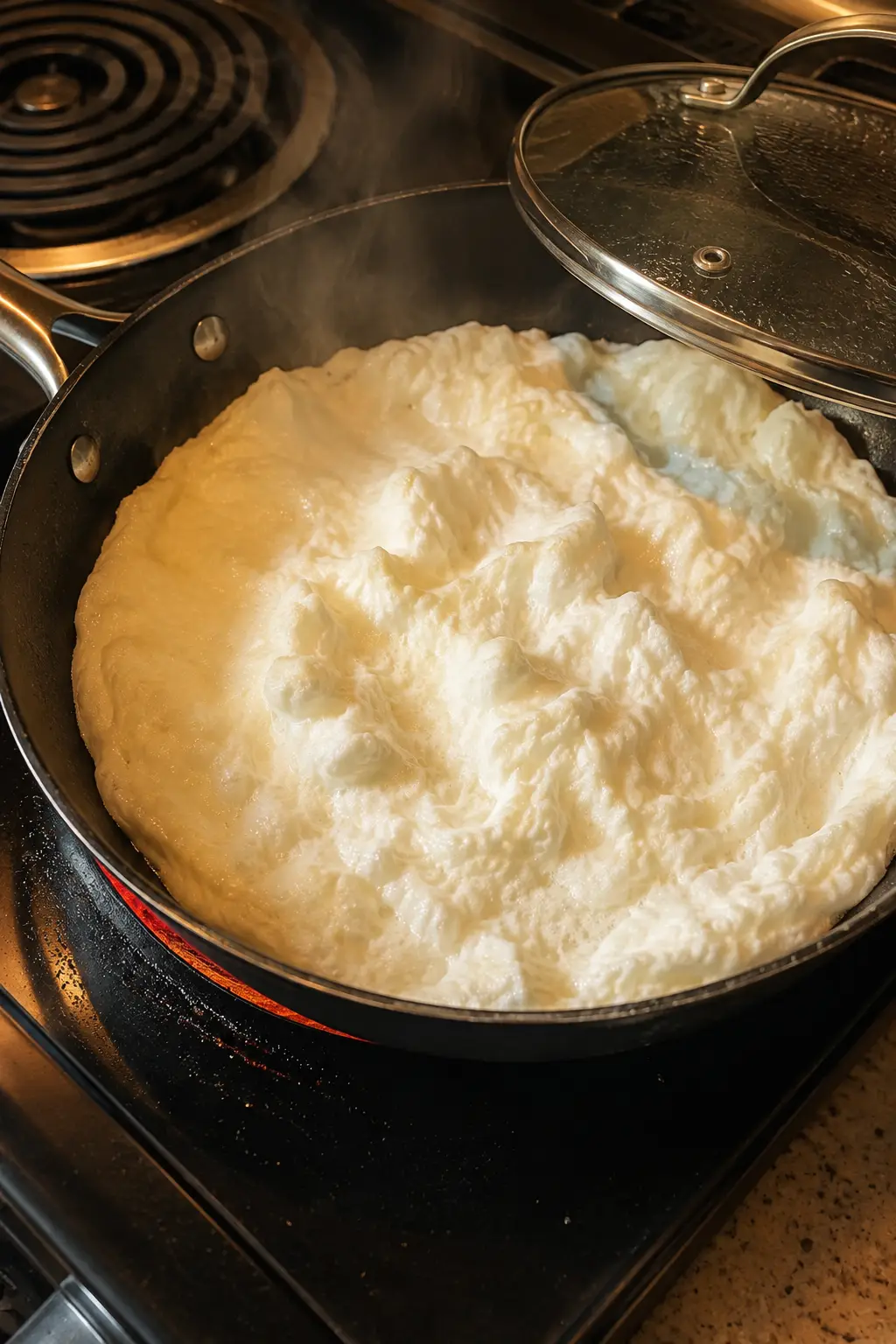 Whipped egg whites spread into a thick fluffy layer in a covered non-stick skillet