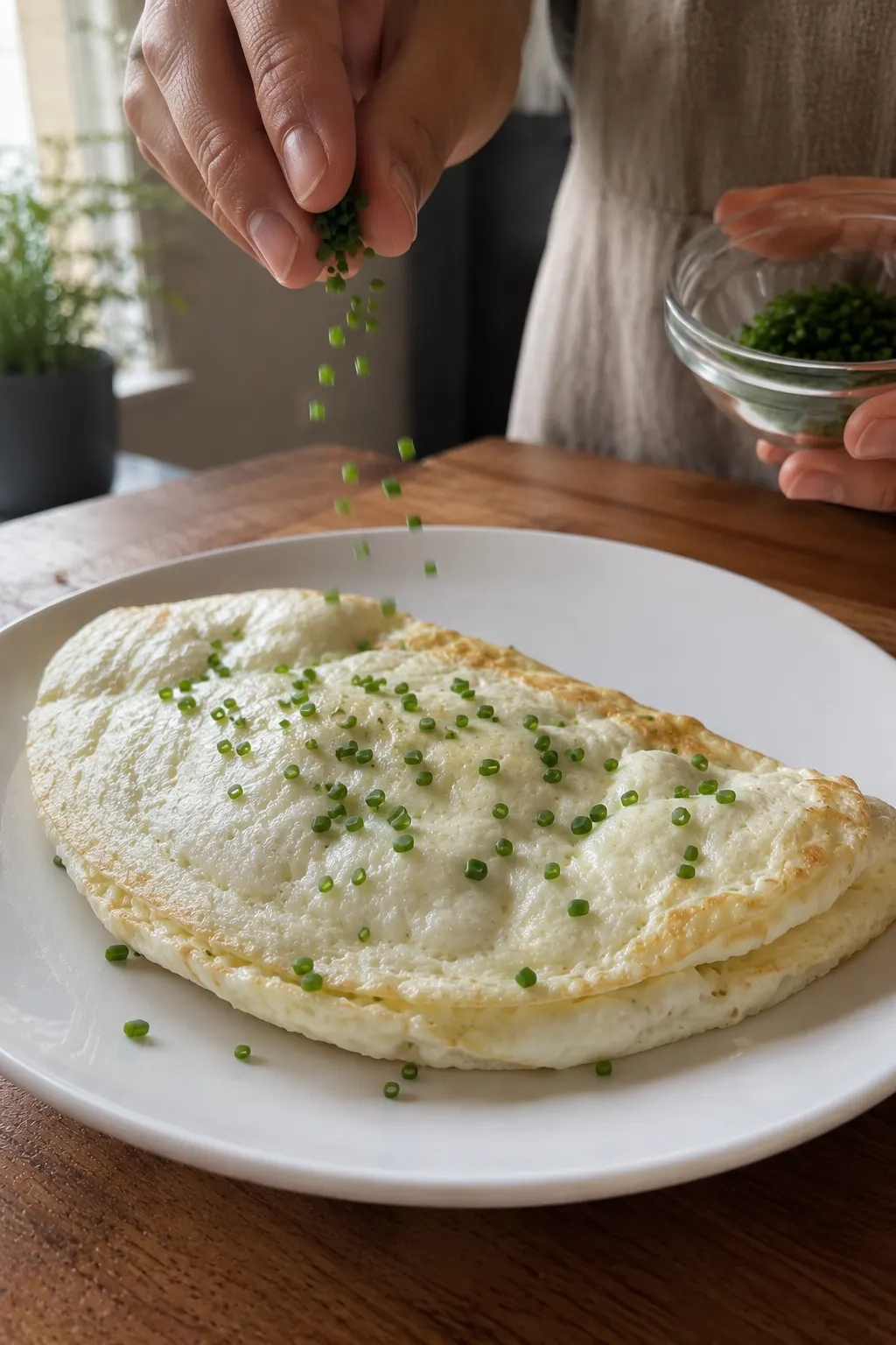 Folded egg white omelette being garnished with fresh chopped chives
