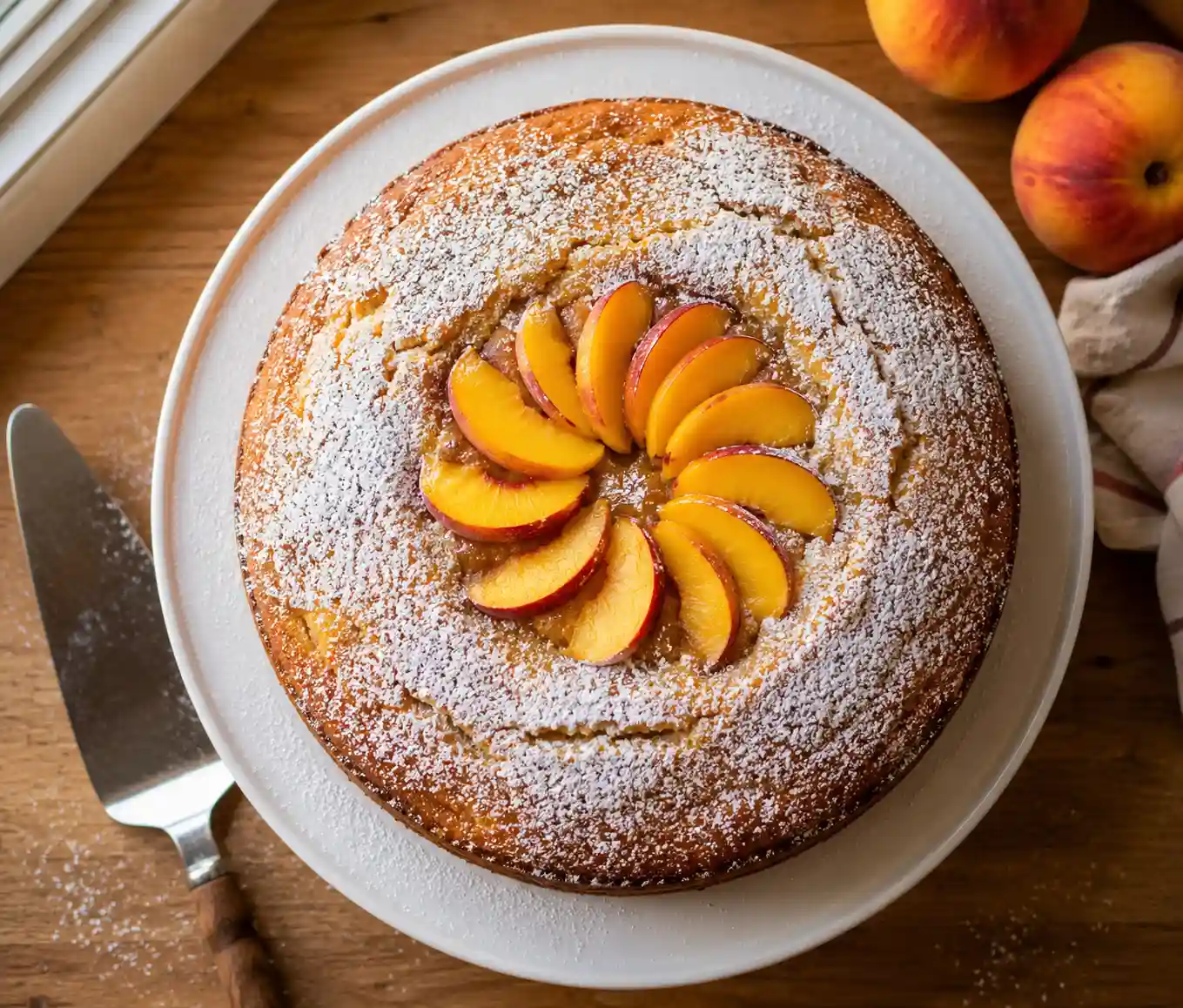 peach cake recipe dusted with powdered sugar and topped with a ring of fresh sliced peaches