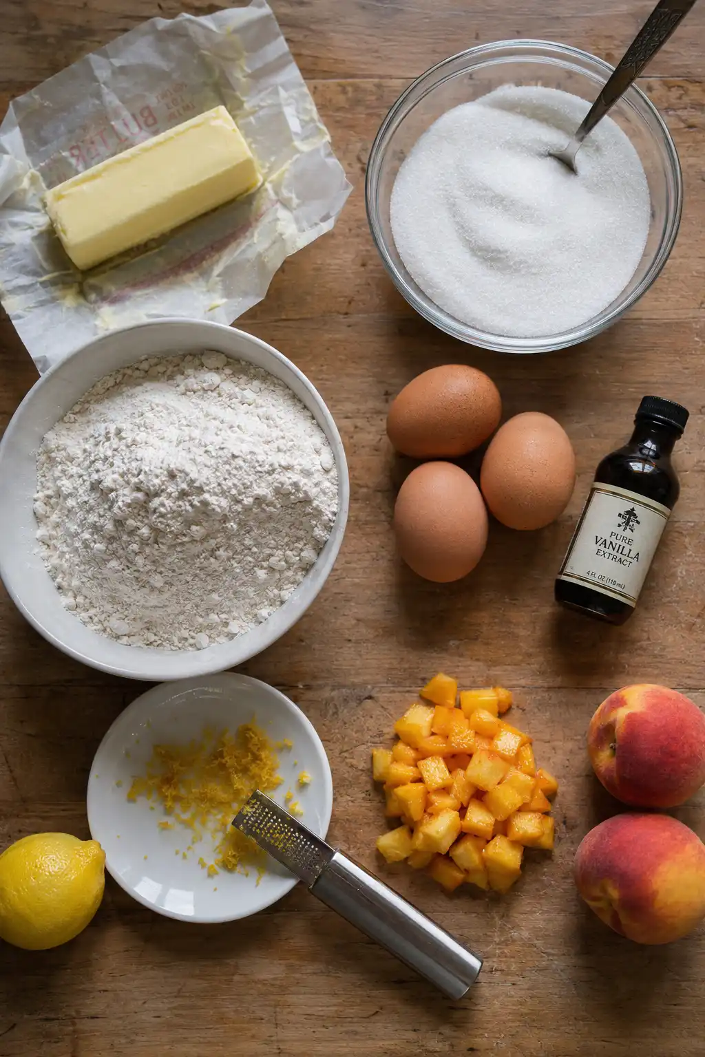 Ingredients for peach cake including butter, sugar, flour, eggs, lemon zest, and diced peaches