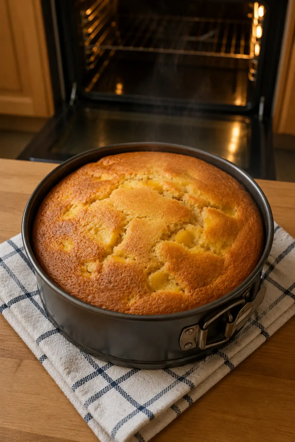 Golden brown peach cake fresh out of the oven in a springform pan