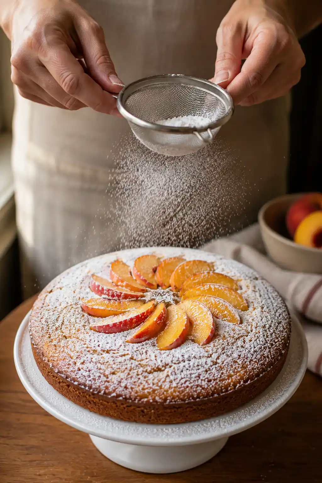 Powdered sugar being dusted over a cooled peach cake topped with sliced peaches