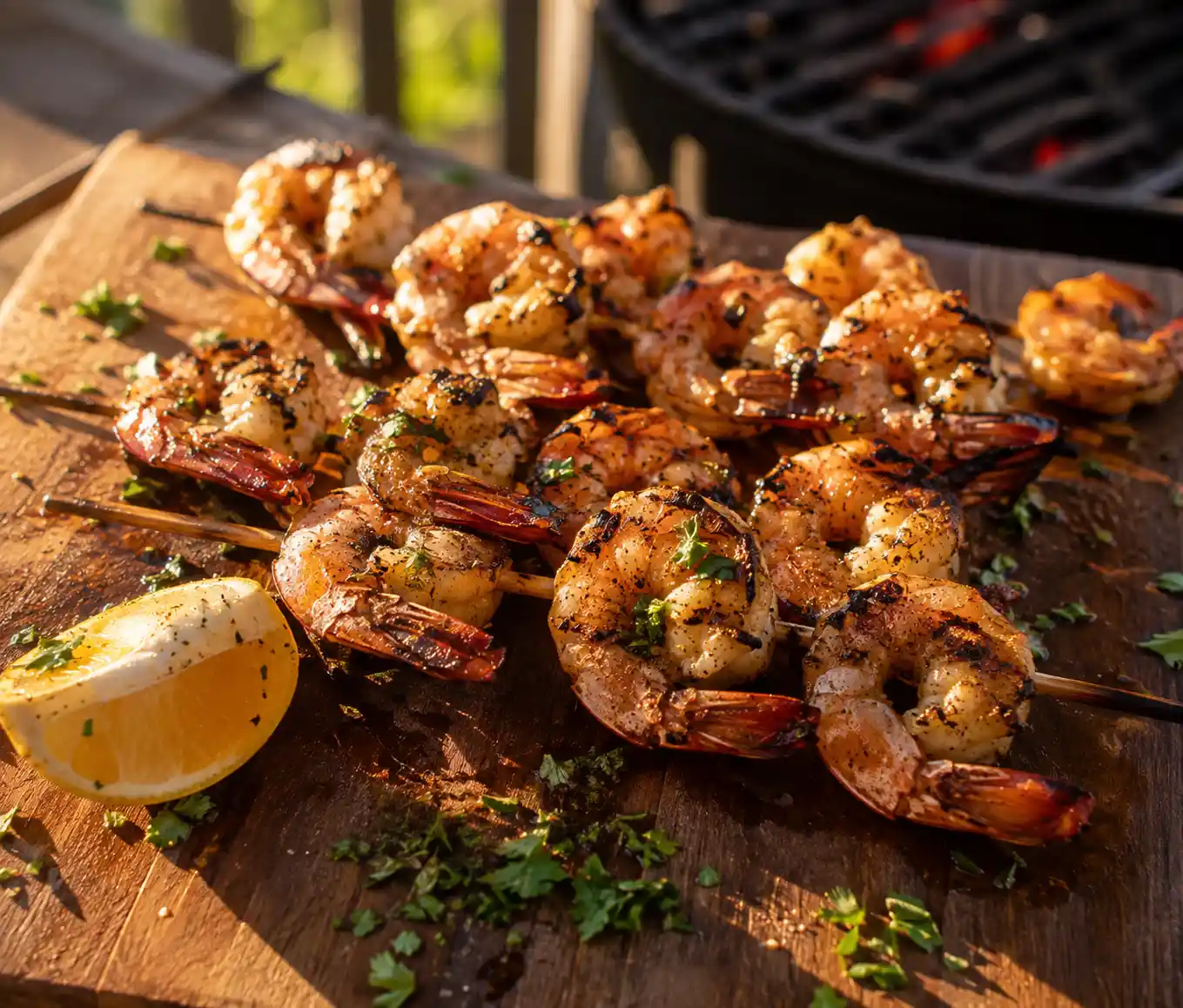 Grilled shrimp skewers with char marks garnished with lemon and fresh parsley