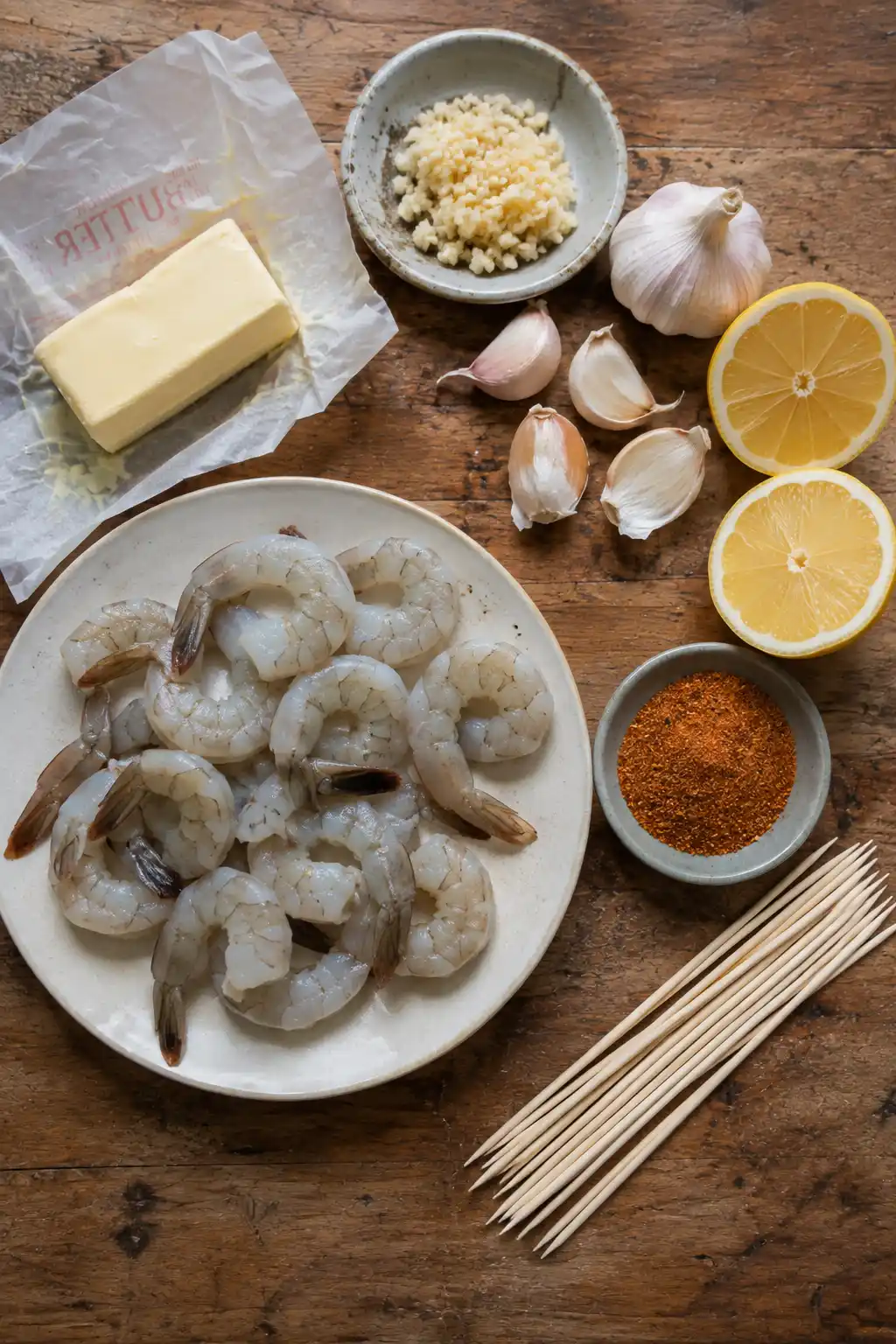 Ingredients for grilled shrimp skewers including shrimp, butter, garlic, cajun seasoning, and lemon