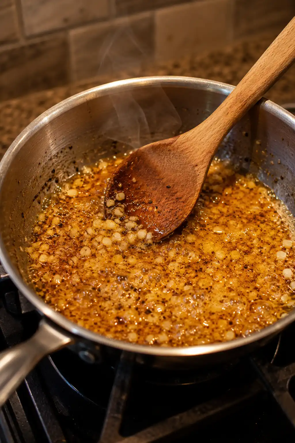 Butter, garlic, and cajun seasoning simmering together in a saucepan for shrimp marinade