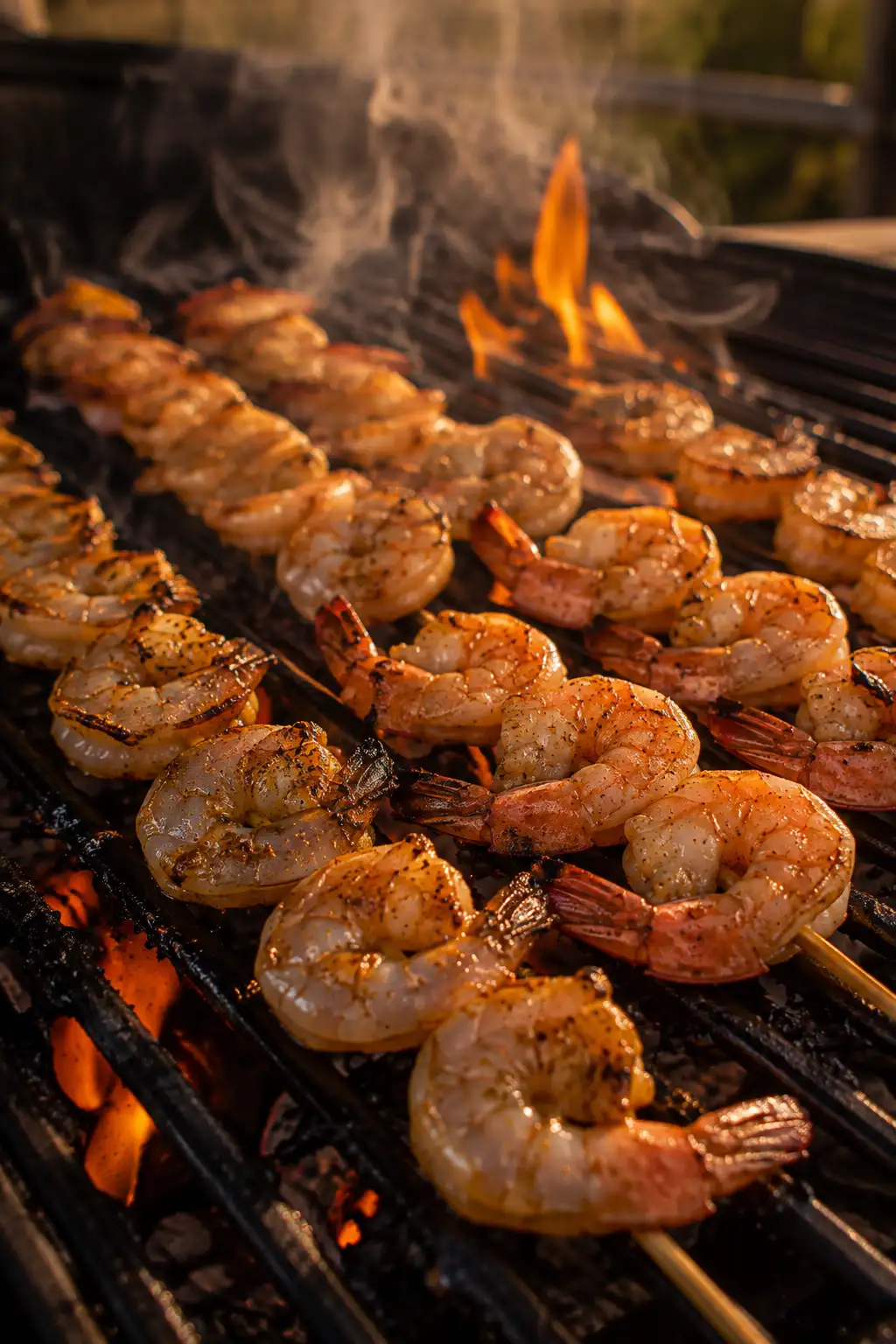 Shrimp skewers grilling over open flames with visible char marks forming