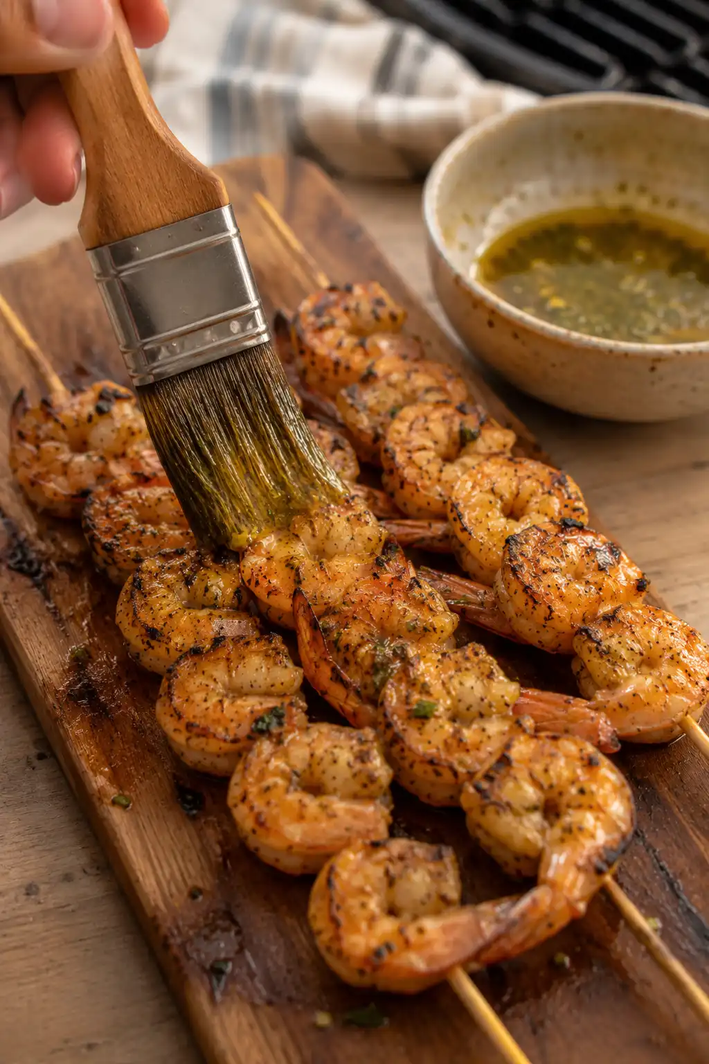 Grilled shrimp skewers being brushed with extra garlic butter marinade after grilling