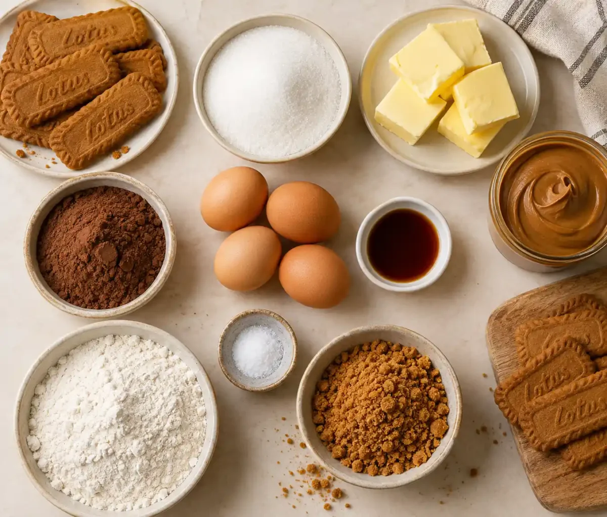Biscoff brownies ingredients with chocolate, butter, eggs, and Biscoff cookies