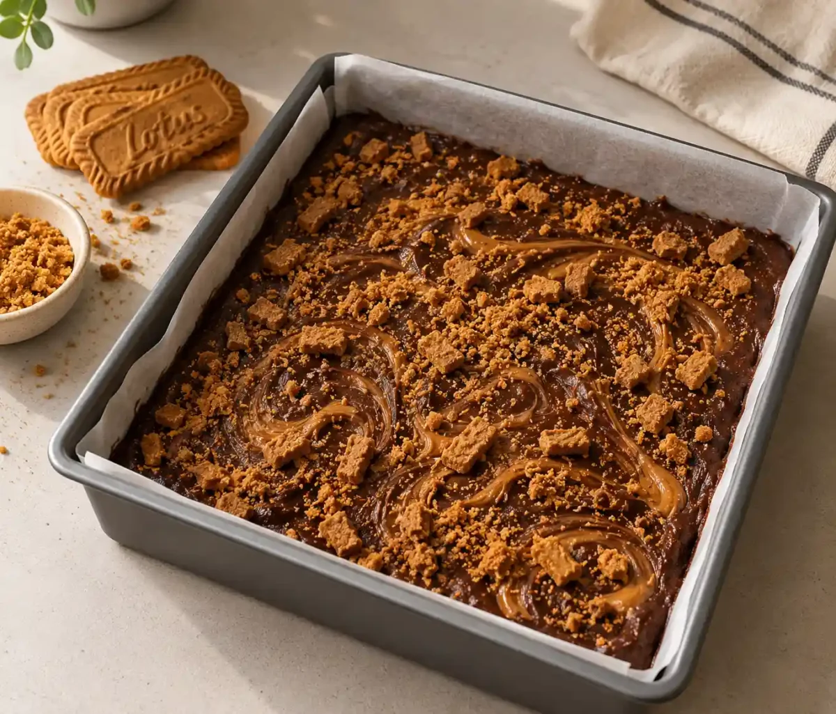 Biscoff brownie batter topped with crushed Biscoff cookies ready to bake