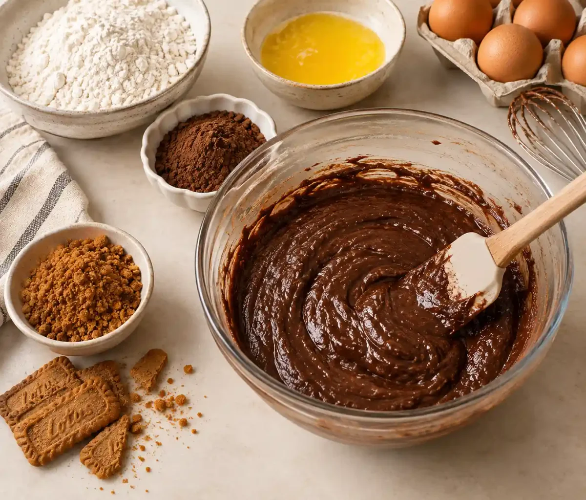 Chocolate brownie batter being prepared for Biscoff brownies