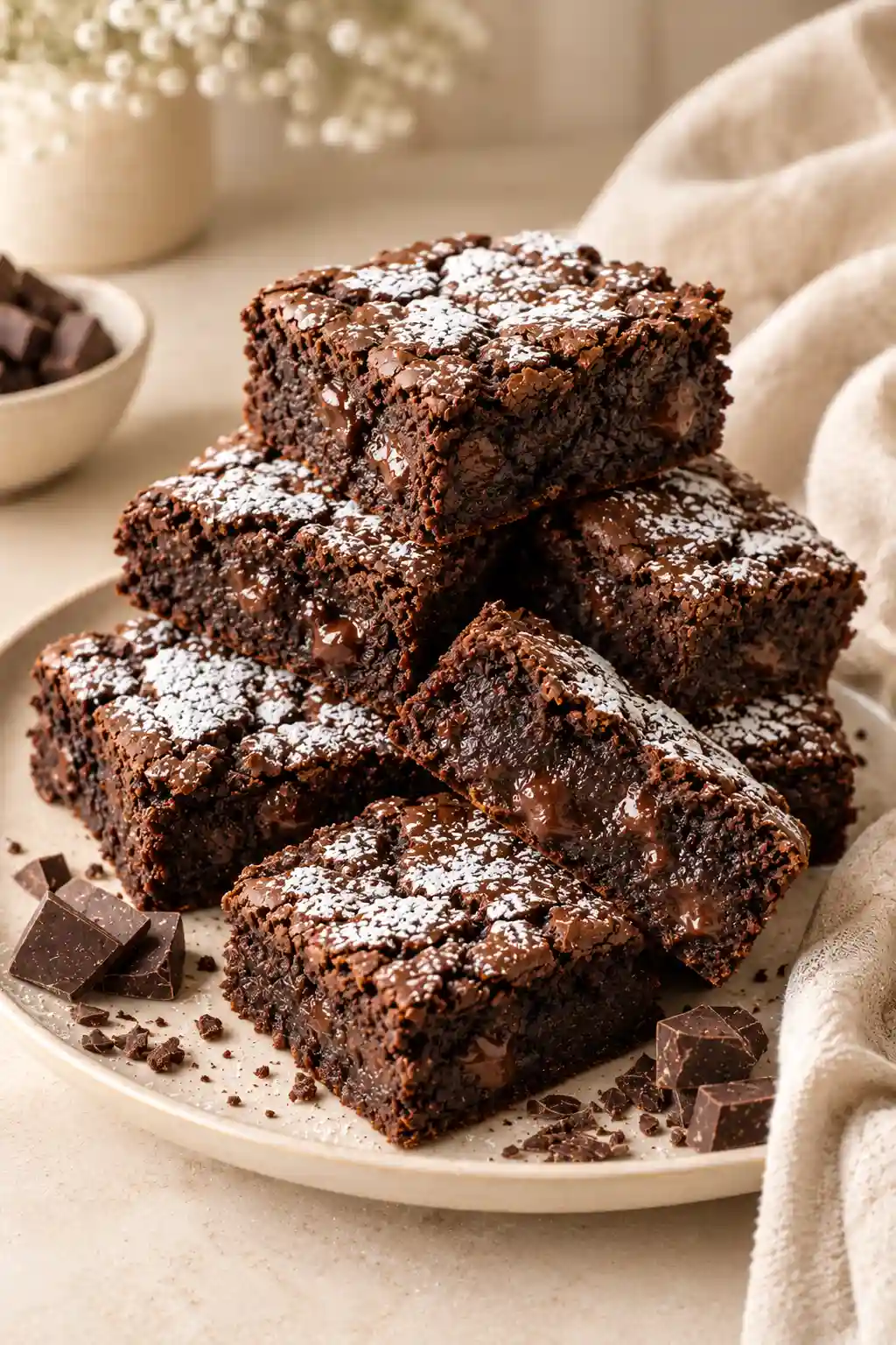 Stack of triple chocolate crinkle brownies with powdered sugar and chocolate chunks