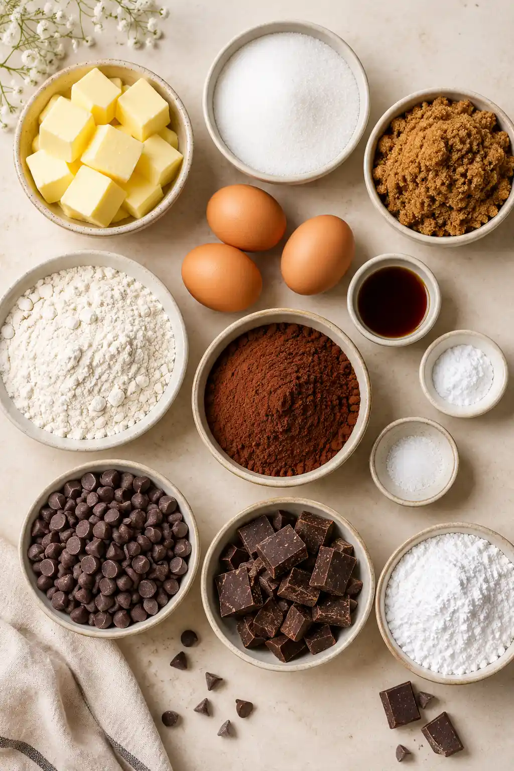 Ingredients for triple chocolate crinkle brownies arranged on a cream surface