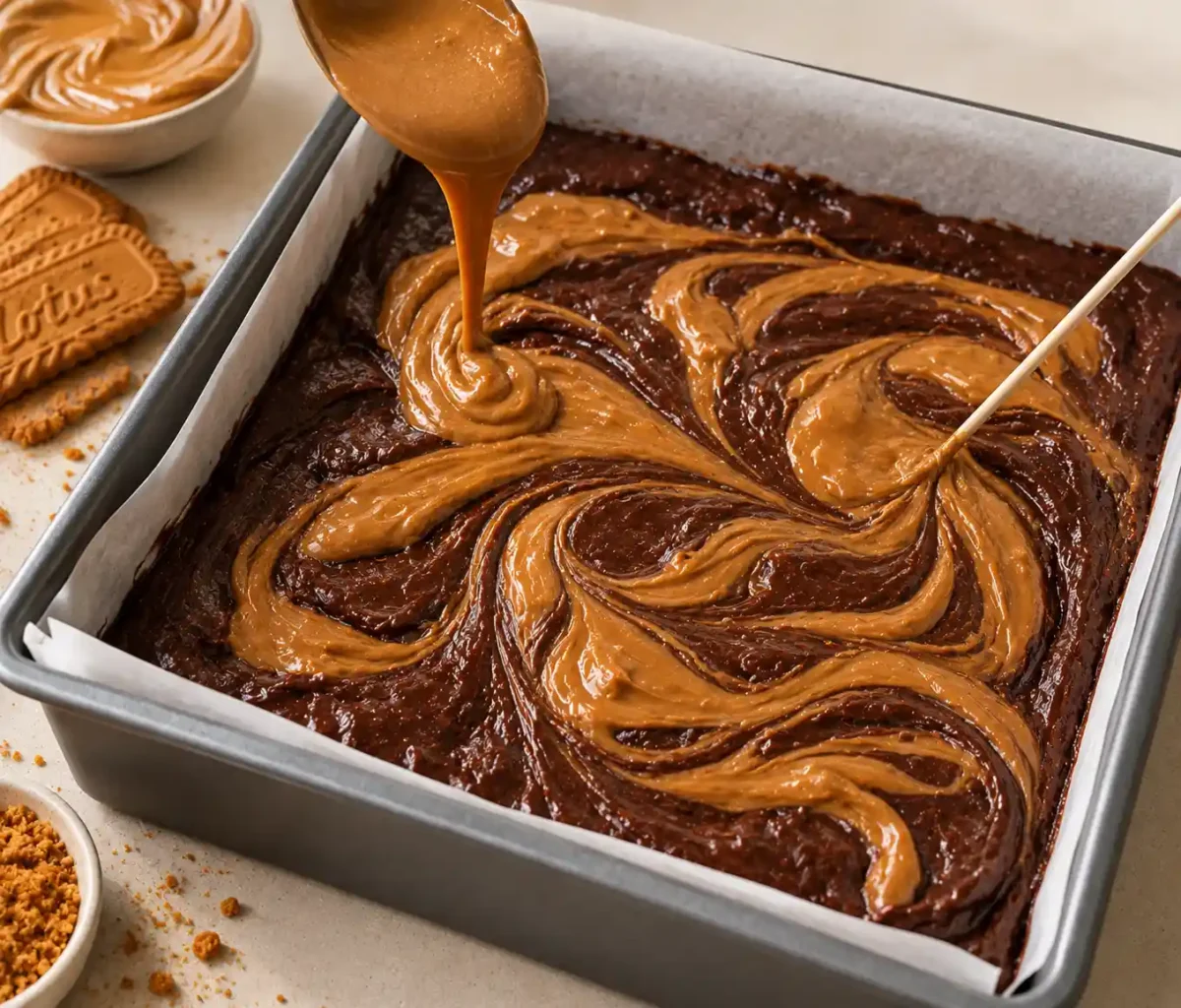 Biscoff cookie butter swirled into chocolate brownie batter