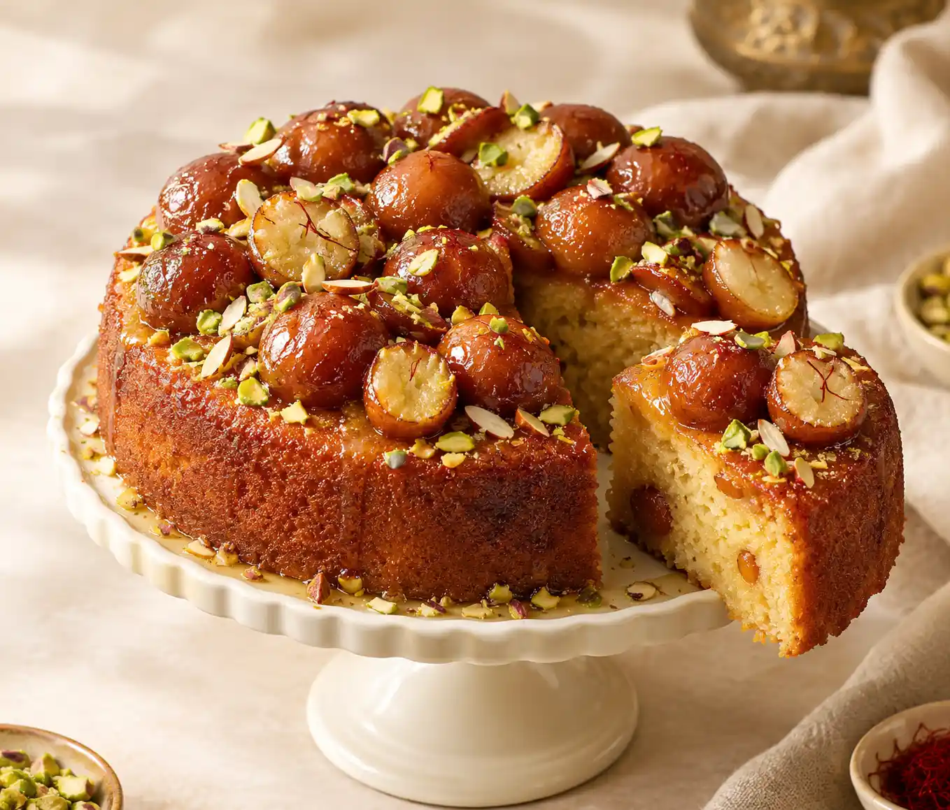 Moist gulab jamun cake topped with soft gulab jamuns, pistachios, almonds, and saffron