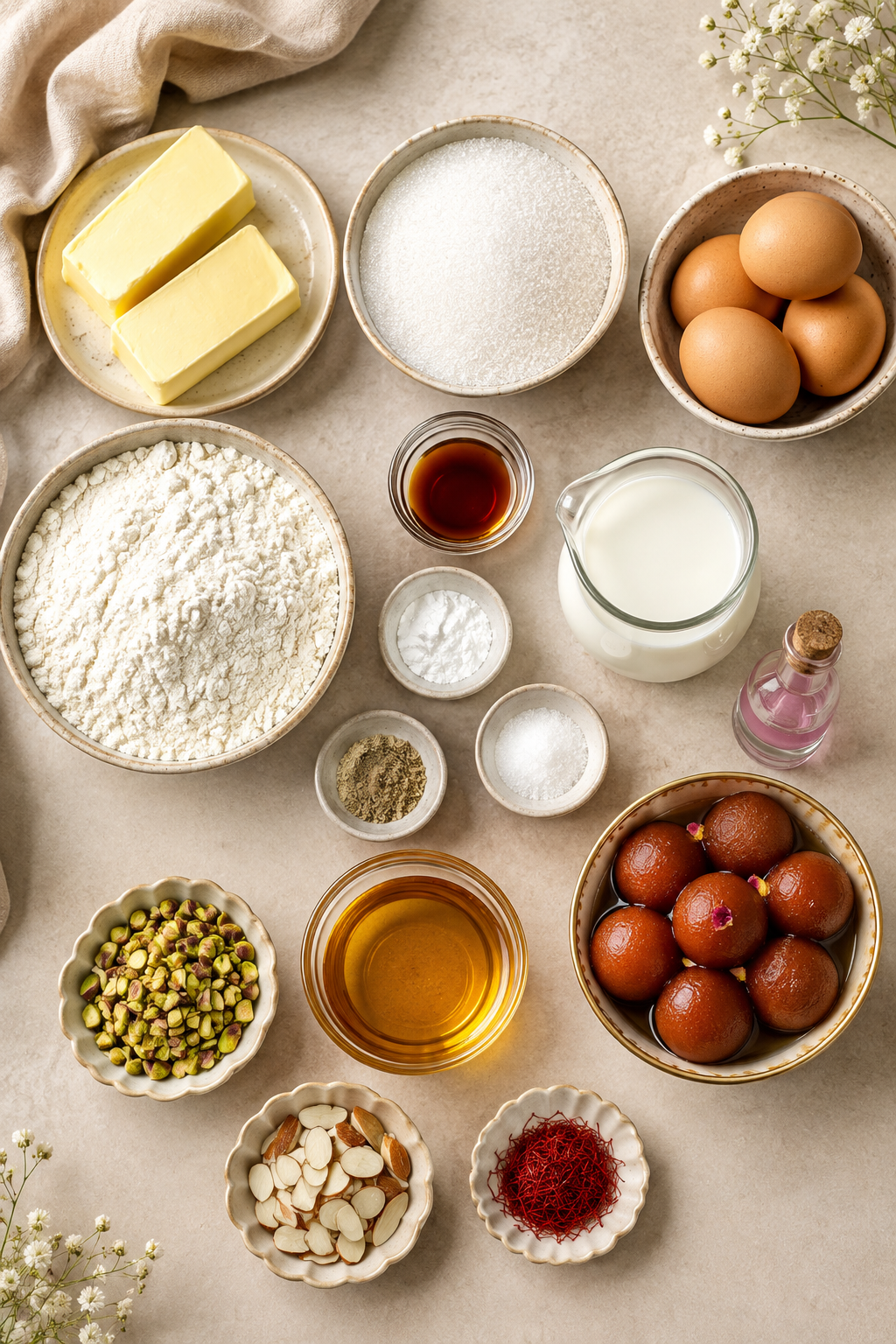Ingredients for homemade gulab jamun cake including flour, butter, cardamom, gulab jamuns, pistachios, and almonds
