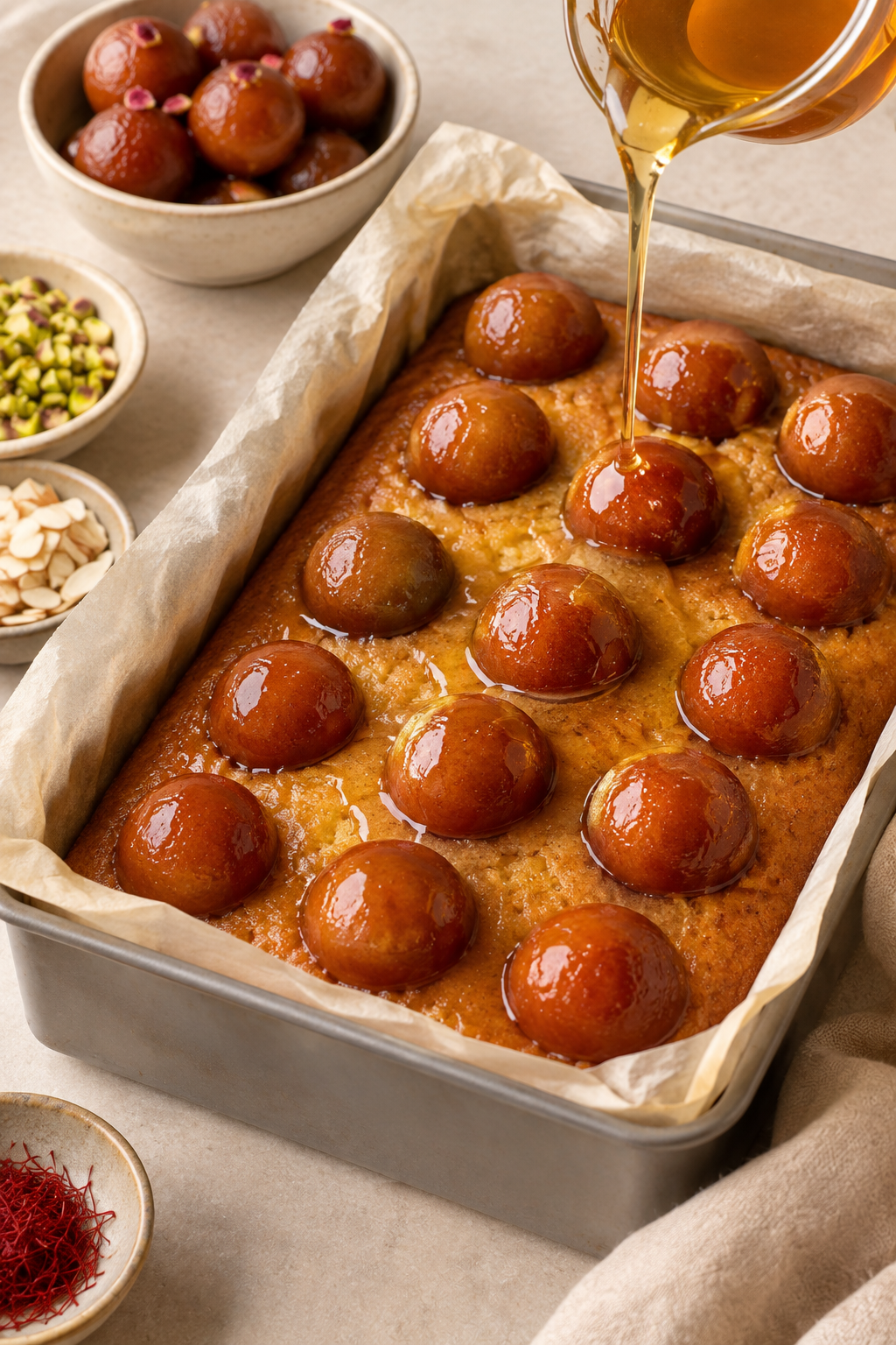 Gulab jamuns and sweet syrup being added to a freshly baked cardamom cake