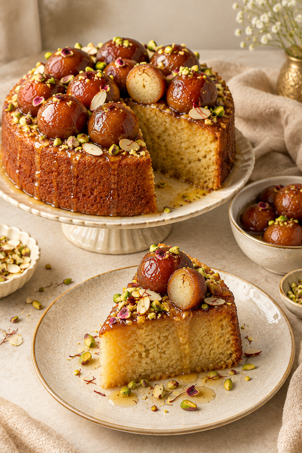 Sliced gulab jamun cake served with syrup-soaked gulab jamuns, pistachios, almonds, and saffron