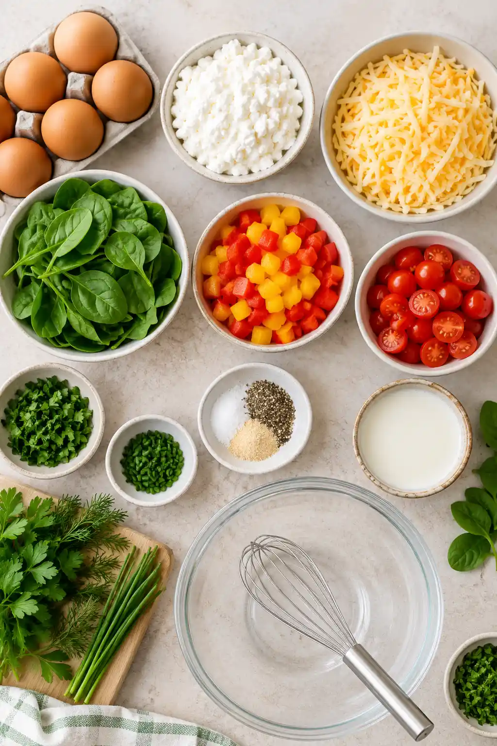 Ingredients for cottage cheese egg bake with eggs, cottage cheese, vegetables, and herbs
