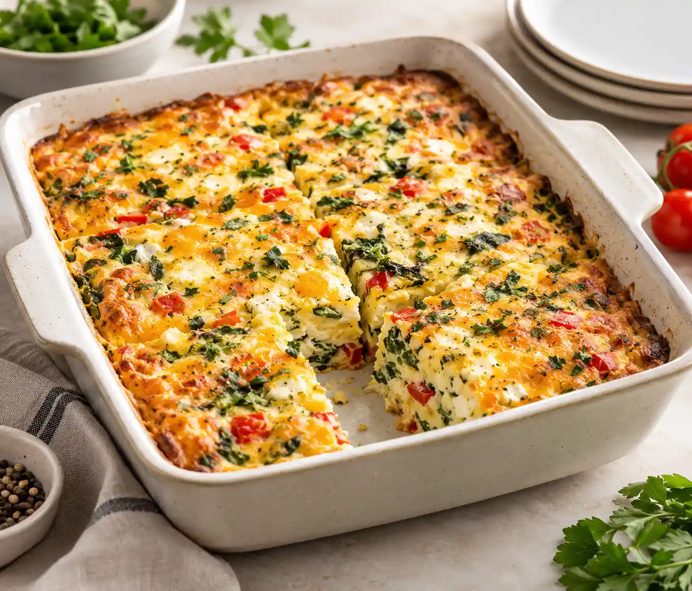 Creamy cottage cheese and herb egg bake with fluffy eggs and vegetables