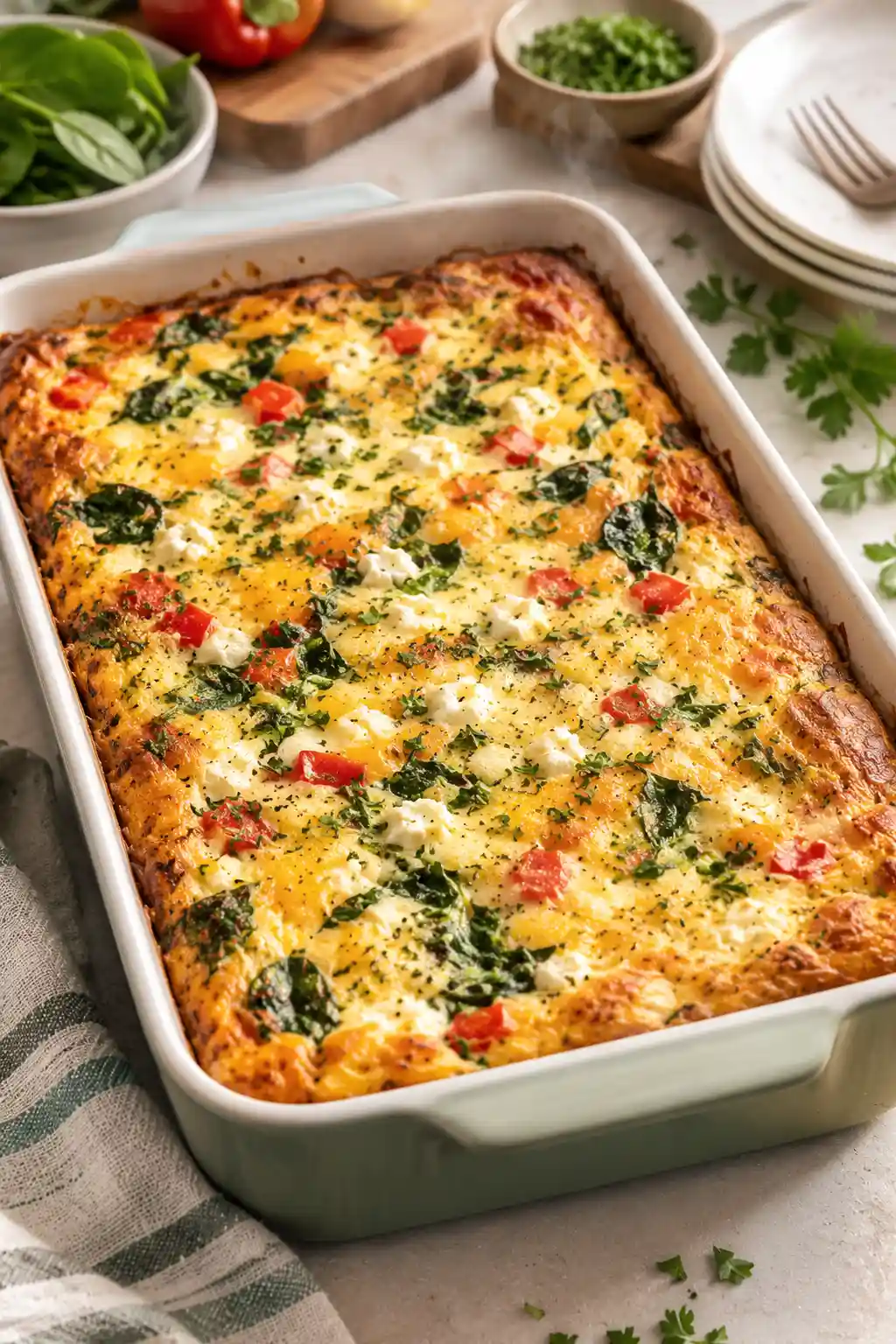 Freshly baked cottage cheese egg bake with golden edges and soft center