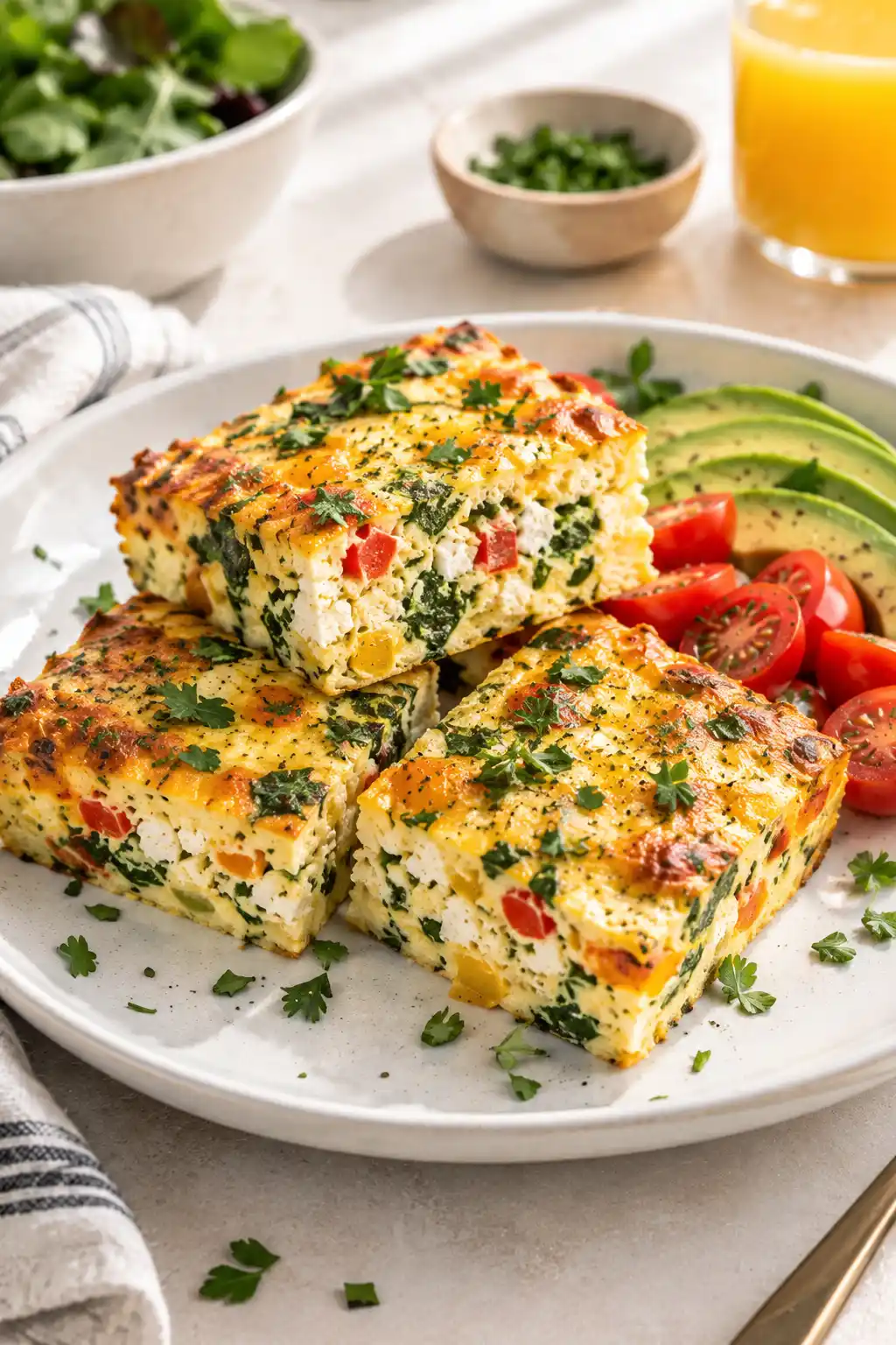 Sliced cottage cheese egg bake served with avocado and fresh vegetables