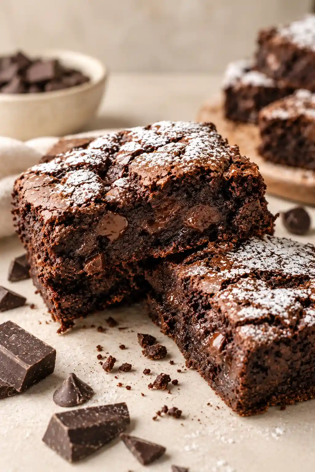 Fudgy triple chocolate crinkle brownie showing a rich chocolate center
