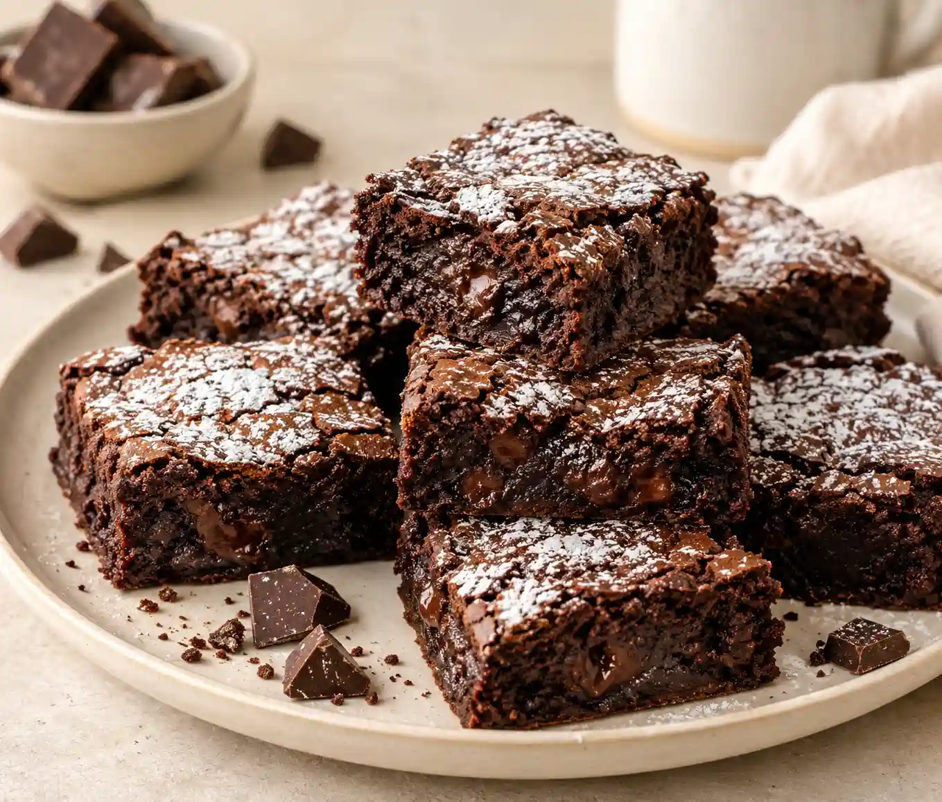 Triple chocolate crinkle brownies with fudgy centers and powdered sugar