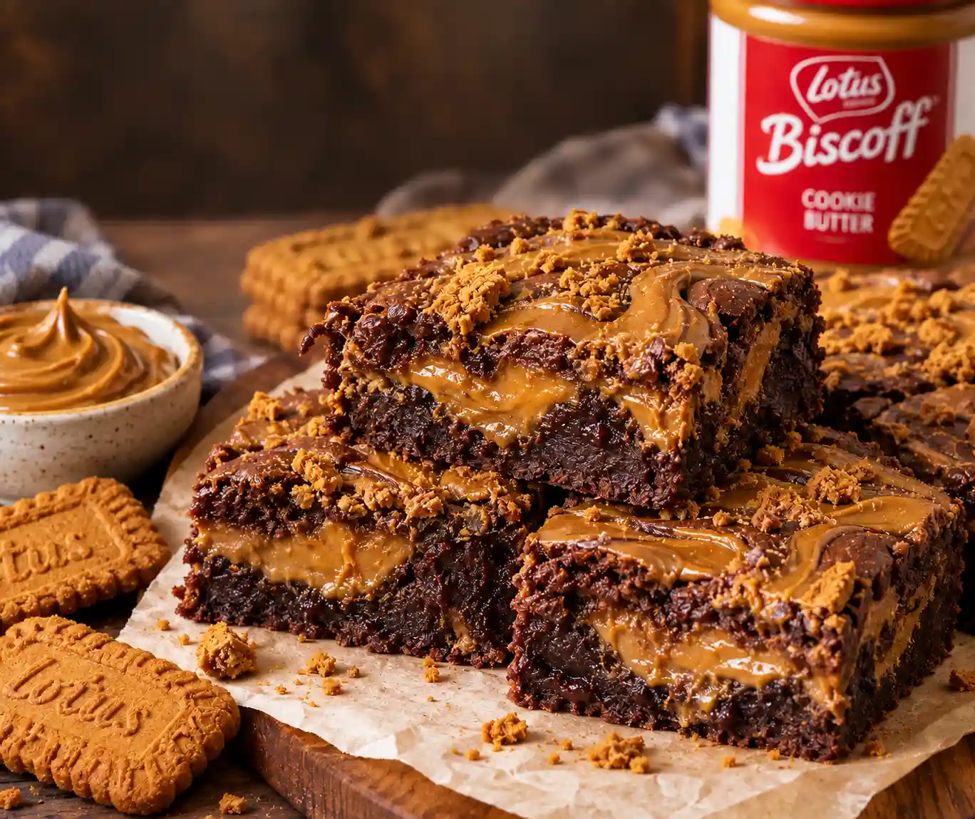 Gooey Biscoff brownies with rich chocolate brownie layers and creamy cookie butter swirls