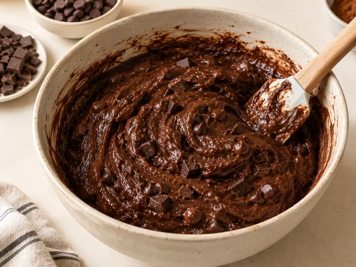 Homemade triple chocolate brownie mixture with chocolate pieces